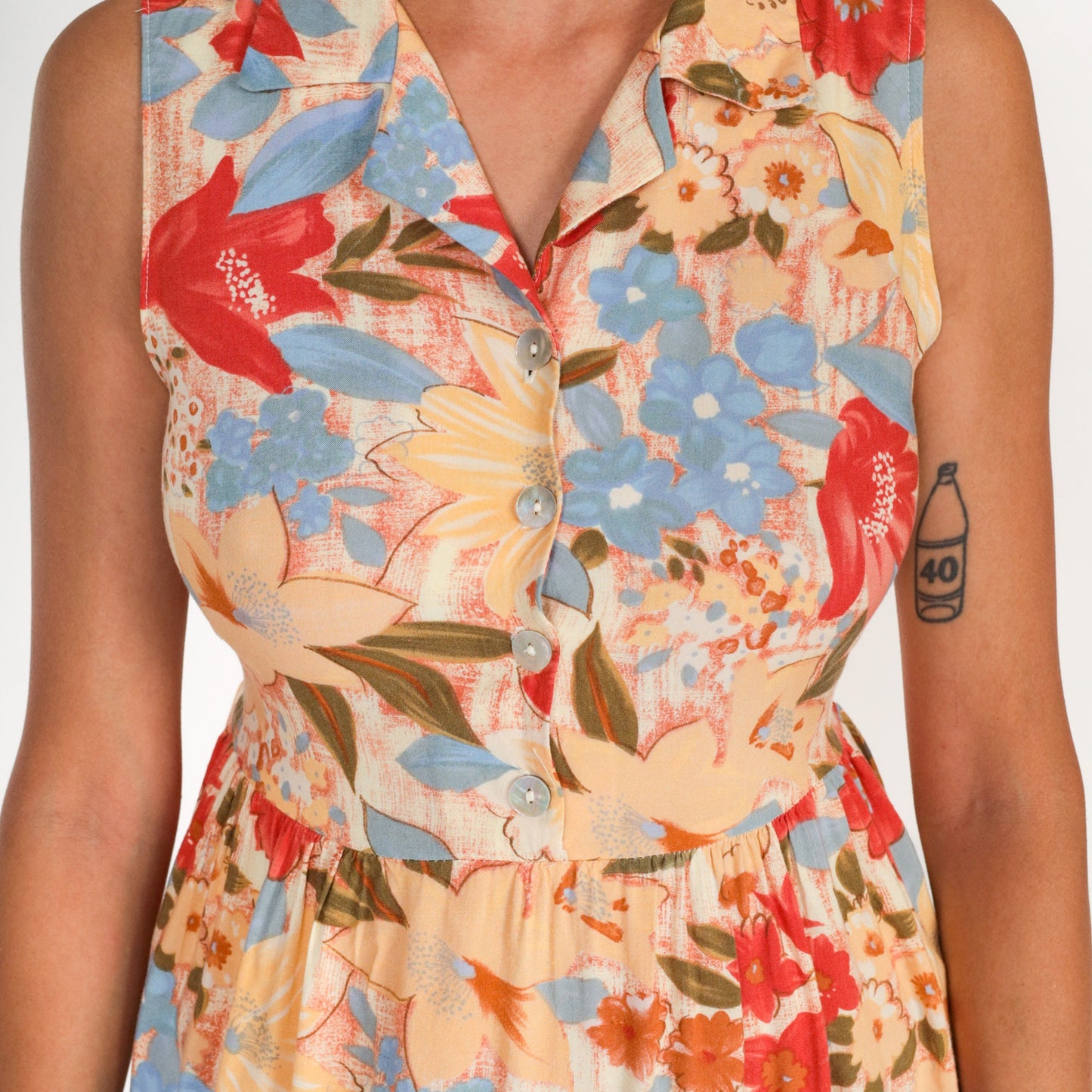 90s Floral Button-Up Midi Dress Sleeveless High Waist Red Yellow Blue Small