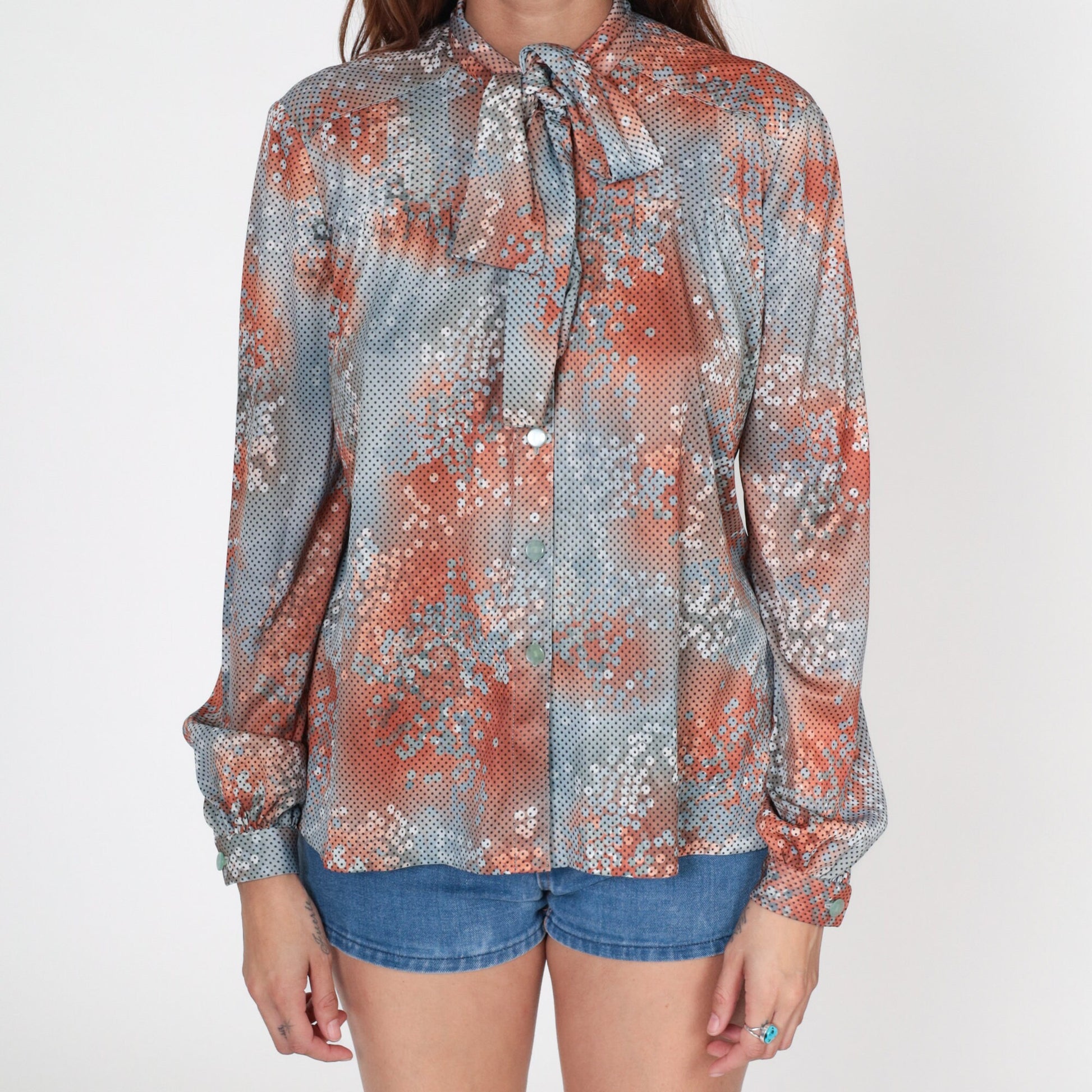 70s Ascot Bow Blouse Polka Dot Abstract Print Burnt Orange Blue Medium