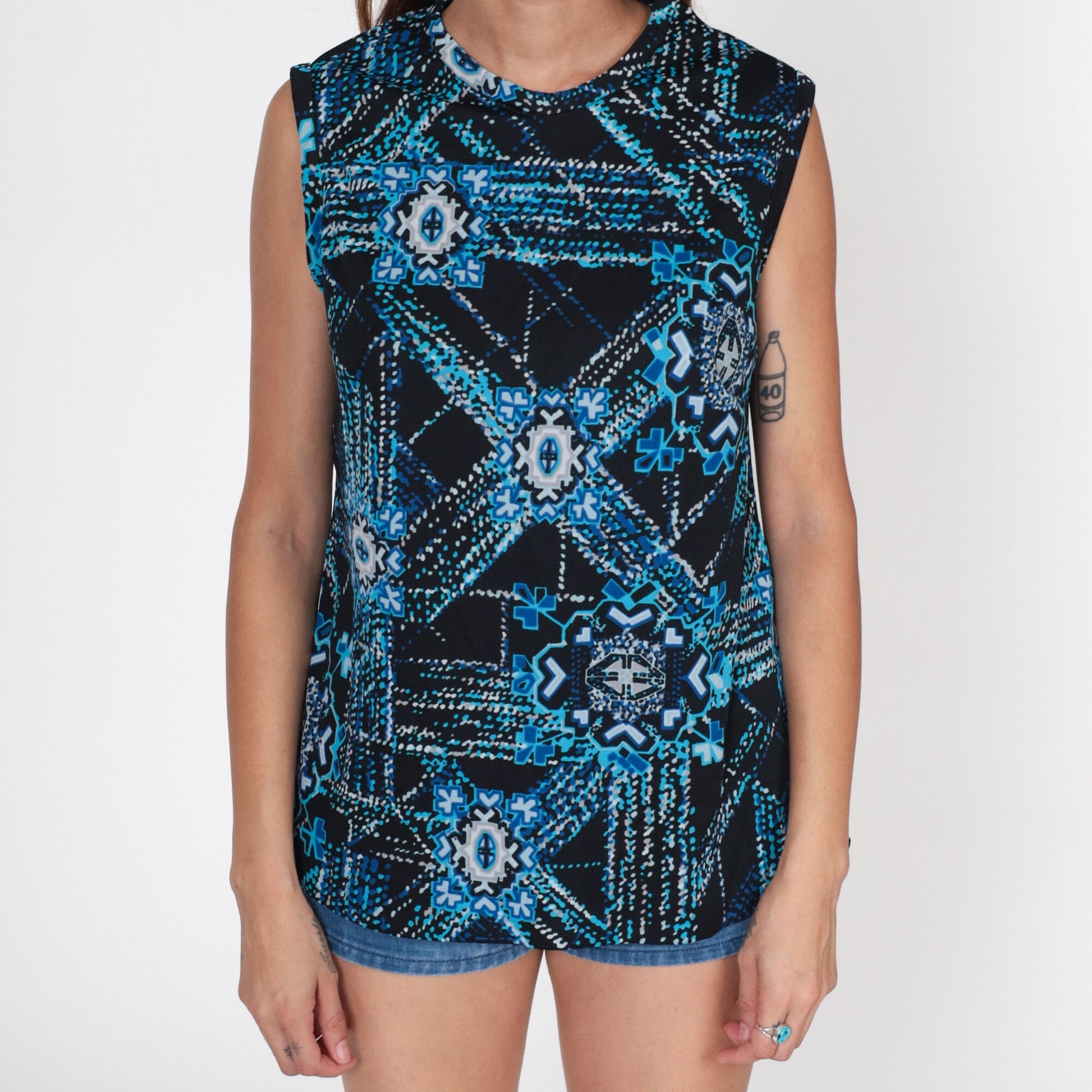 70s Geometric Tank Top Black Blue Psychedelic Print Sleeveless Medium Large