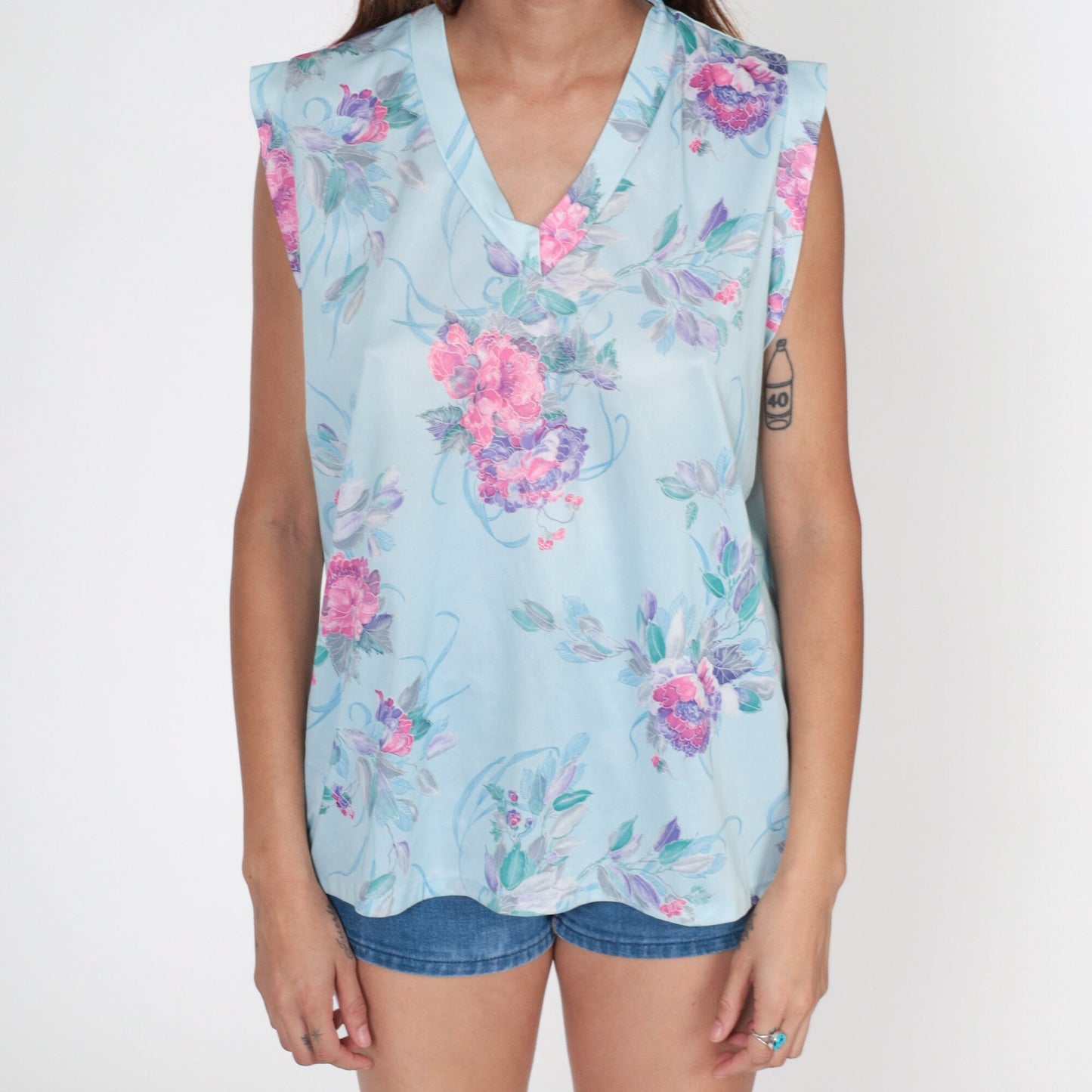 70s Floral Tank Top V-Neck Polyester Blouse Baby Blue Large L