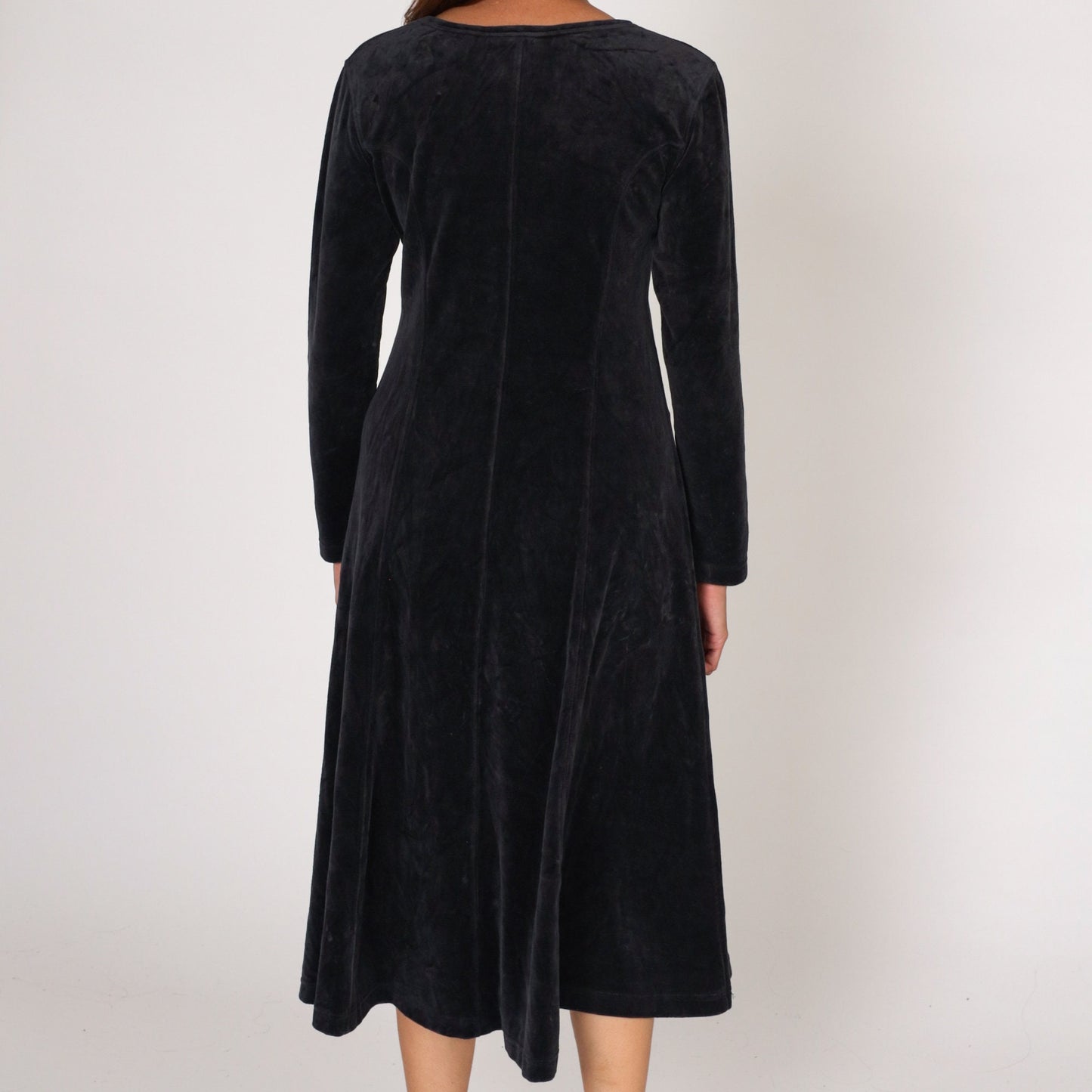 Y2K Black Velour Midi Dress Long Sleeve Princess Seam Small