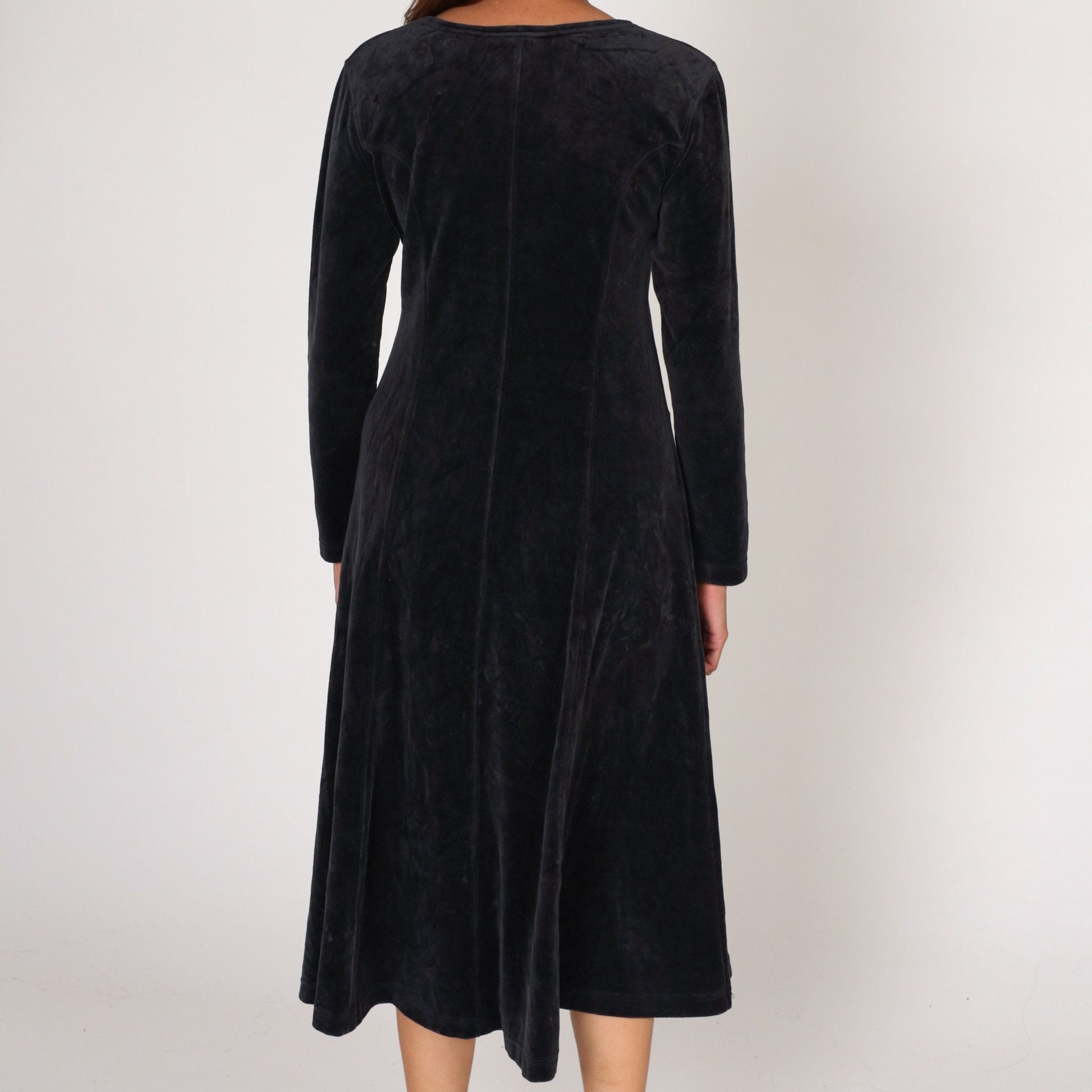 Y2K Black Velour Midi Dress Long Sleeve Princess Seam Small