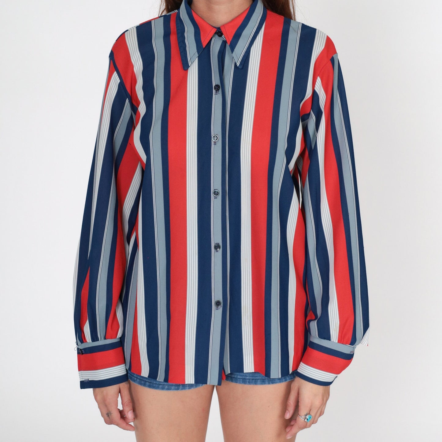 70s Striped Button Up Blouse Red White Blue Pointed Collar Long Sleeve Large