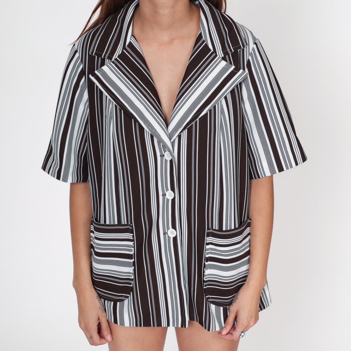 70s Brown & White Striped Button-Up Shirt Short Sleeve Collared V-Neck Extra Large XL