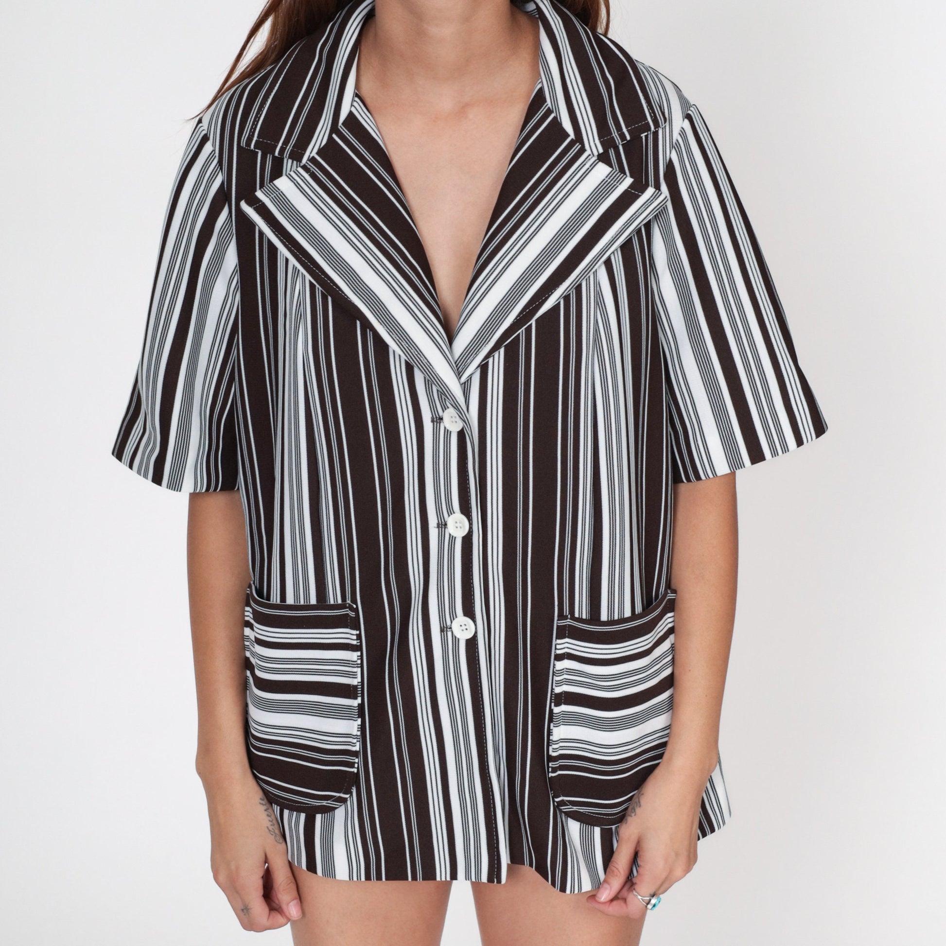 70s Brown & White Striped Button-Up Shirt Short Sleeve Collared V-Neck Extra Large XL