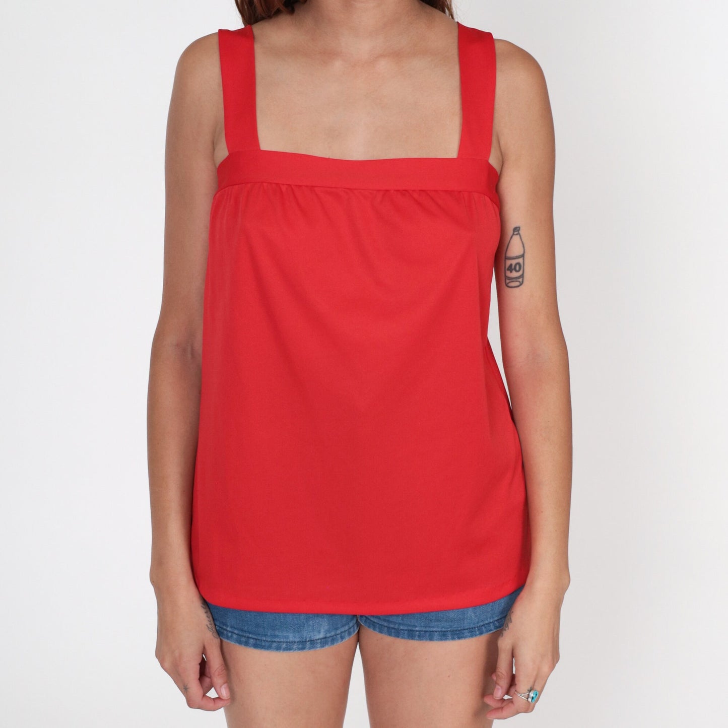 70s Red Tank Top Square Neckline Sleeveless Blouse Small