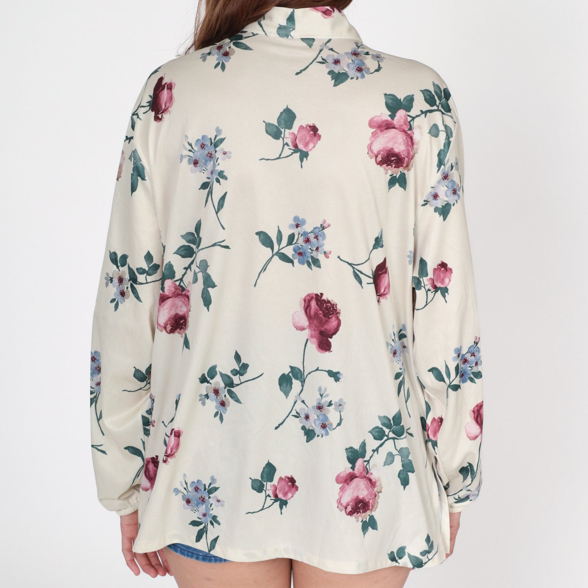 70s Floral Button-Up Blouse Cream Long Sleeve Shirt Plus Size XXL