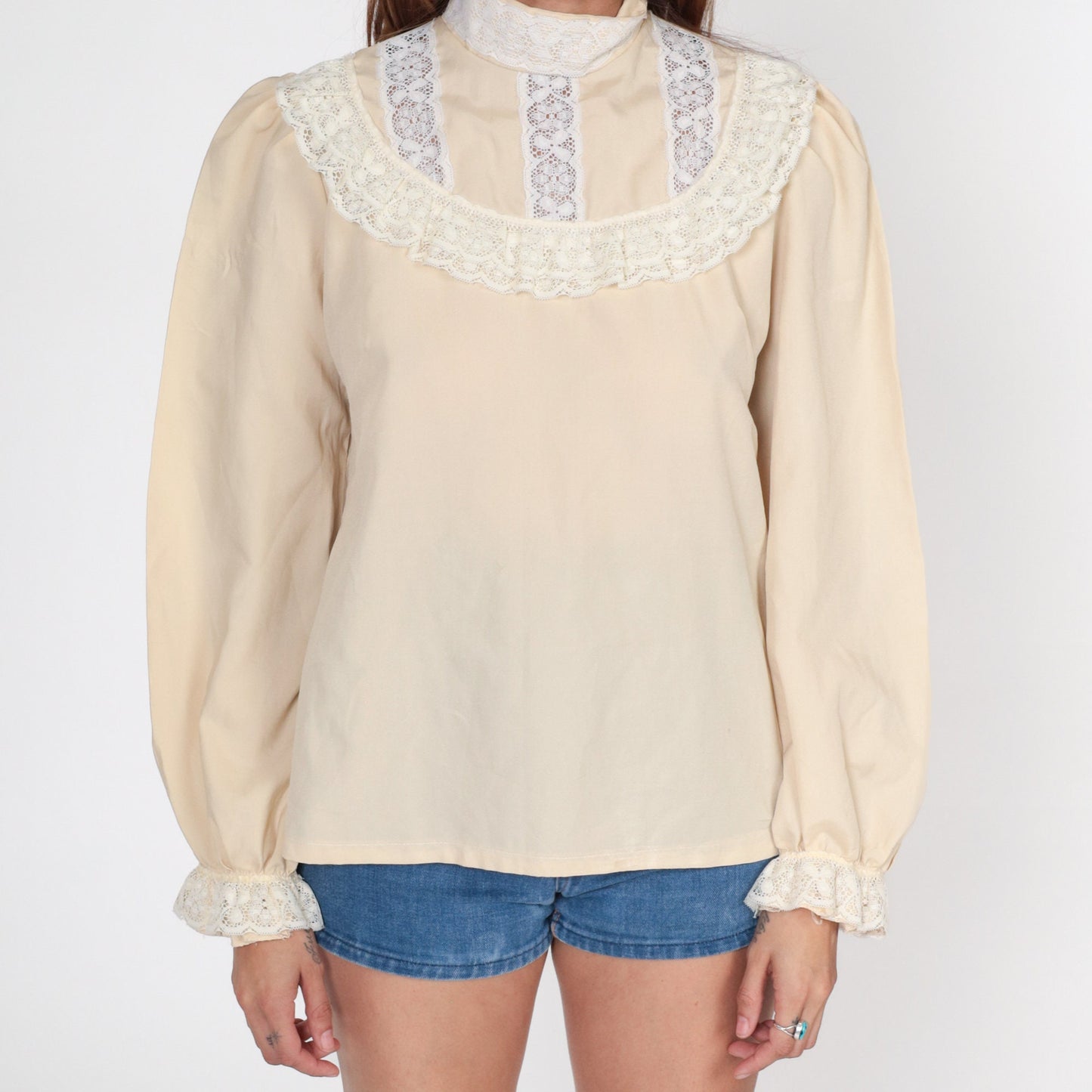 70s Beige Puff Sleeve Blouse Lace Bib Mock Neck Poet Shirt Medium