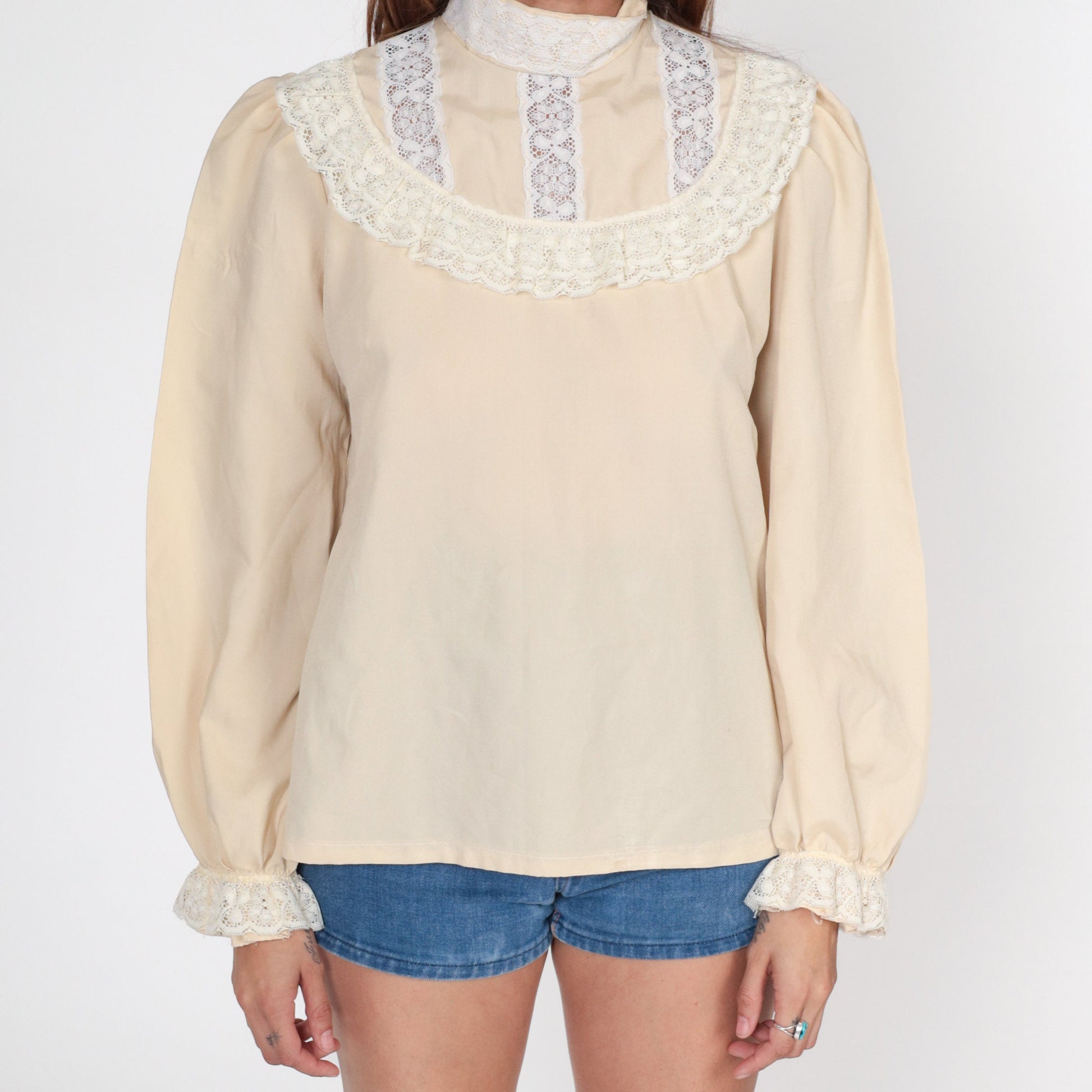70s Beige Puff Sleeve Blouse Lace Bib Mock Neck Poet Shirt Medium