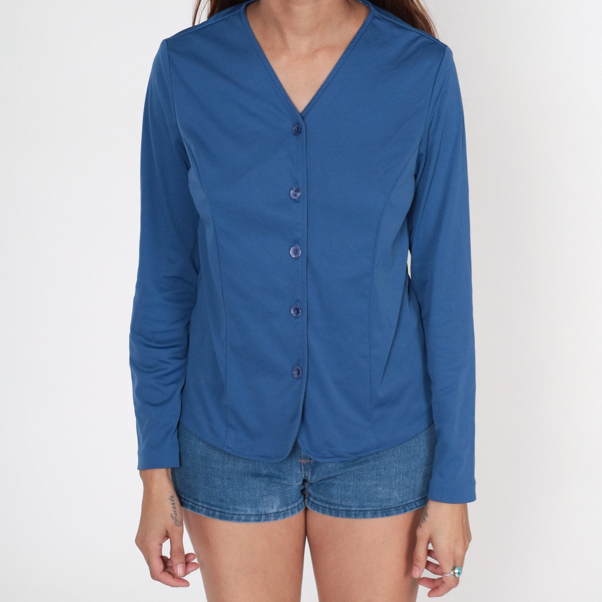 90s Blue Button-Up Shirt Long Sleeve V-Neck Blouse Small Medium