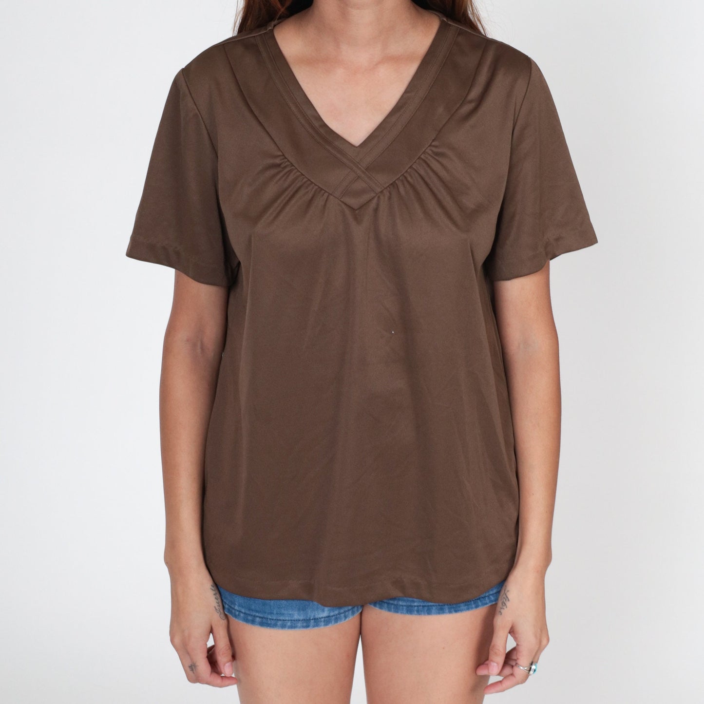 70s Brown Gathered V-Neck Tunic Blouse Short Sleeve Large