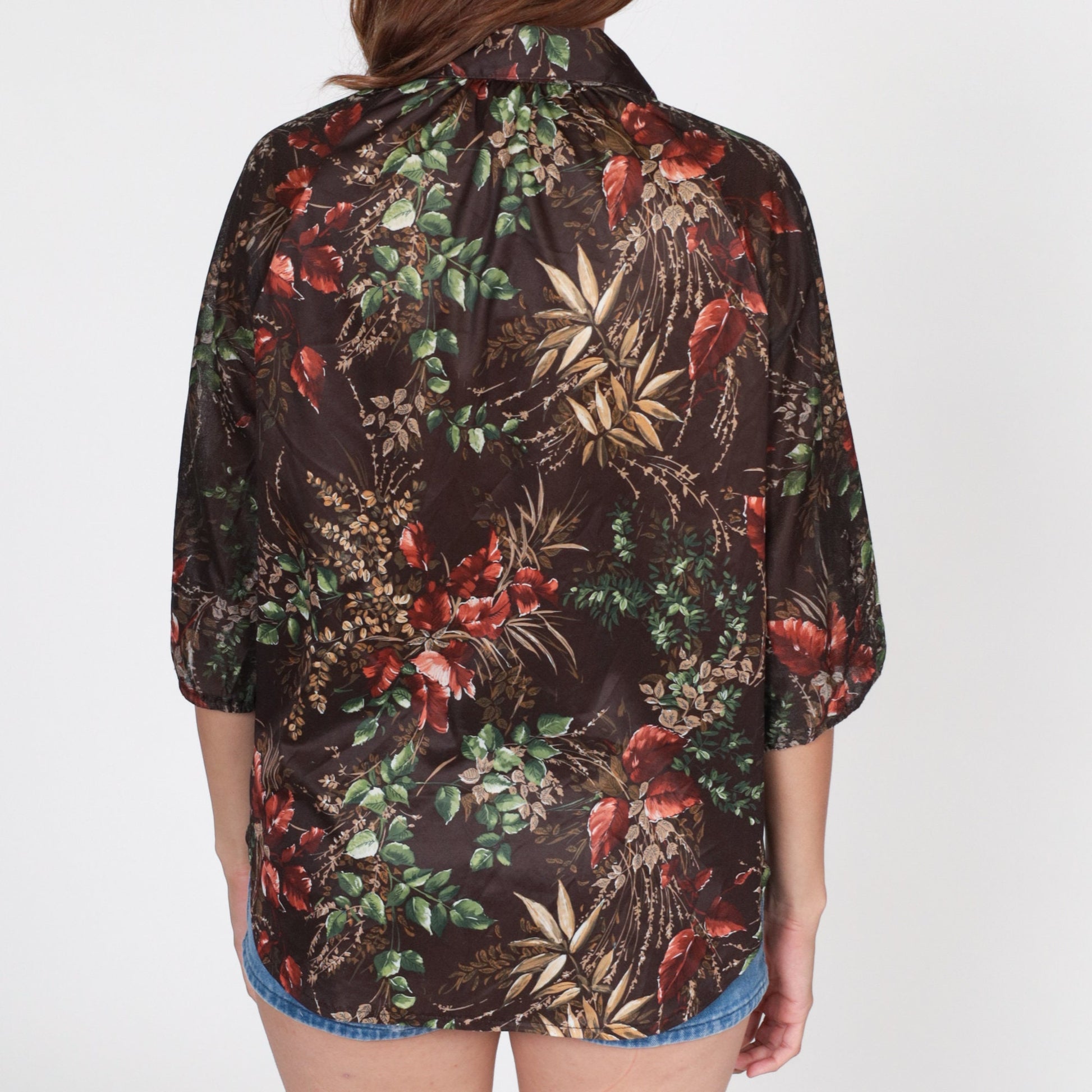 70s Brown Leaf Print Button-Up Blouse 3/4 Raglan Sleeve Large
