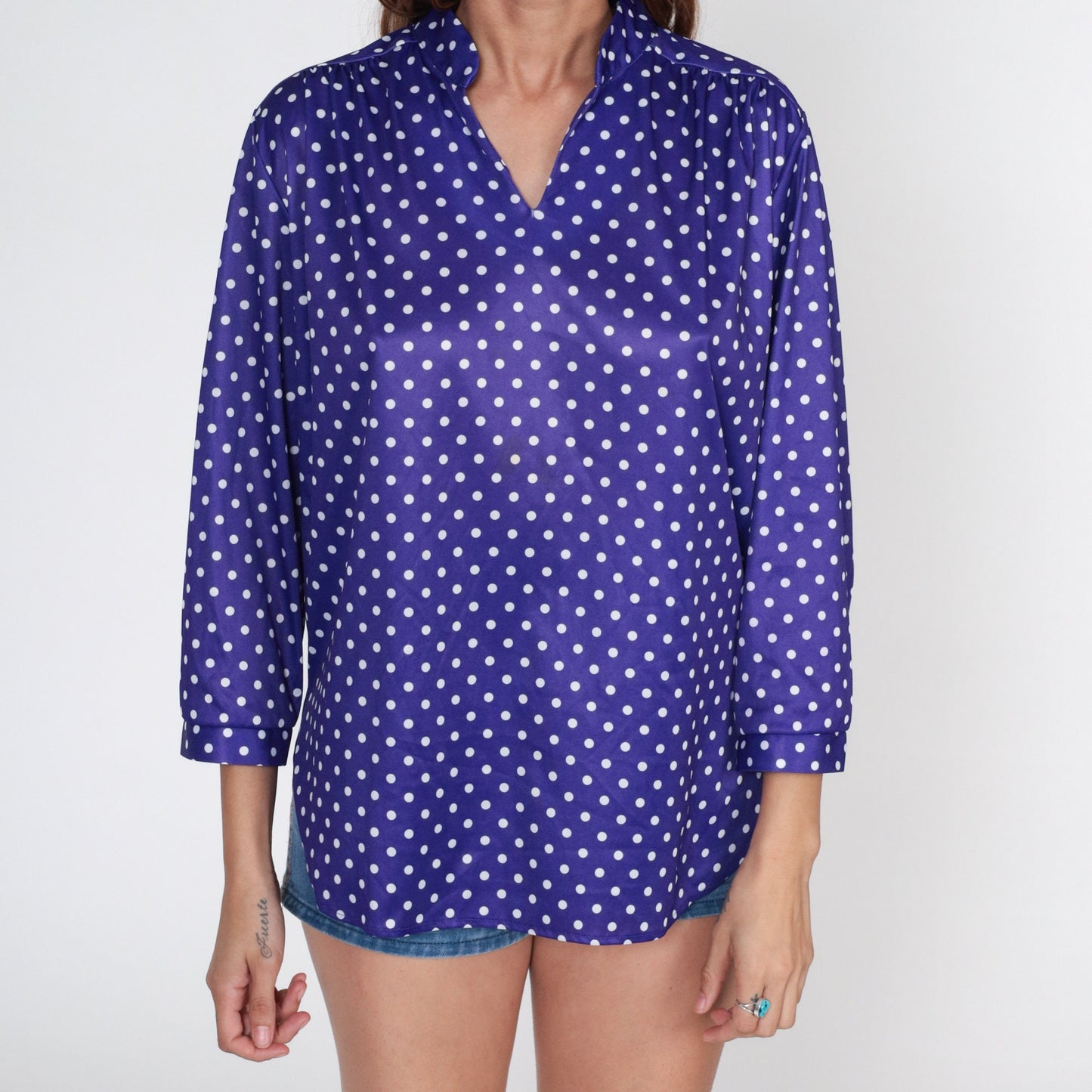 70s Purple Polka Dot Blouse Long Sleeve V Neck Collared Shirt Large 12