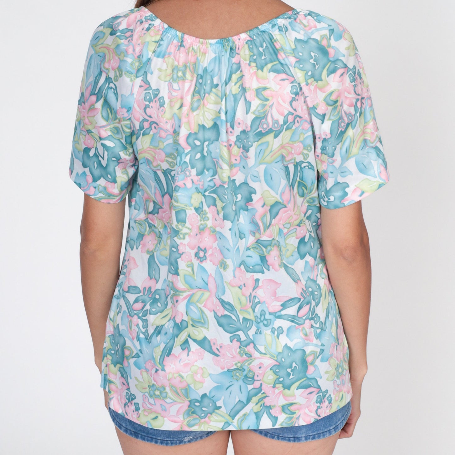 70s Floral Peasant Blouse Raglan Sleeve Elastic Neckline Small Medium