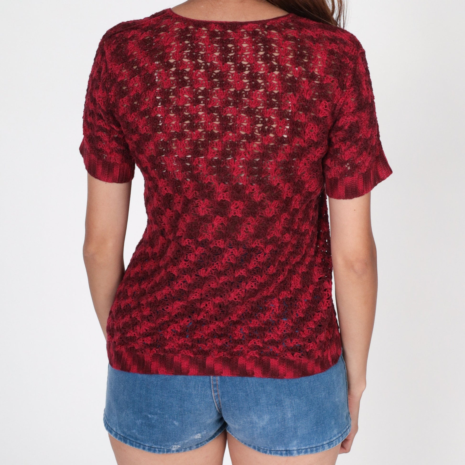 80s Red Crochet V-Neck Blouse Short Sleeve Sheer Knit Top Small S