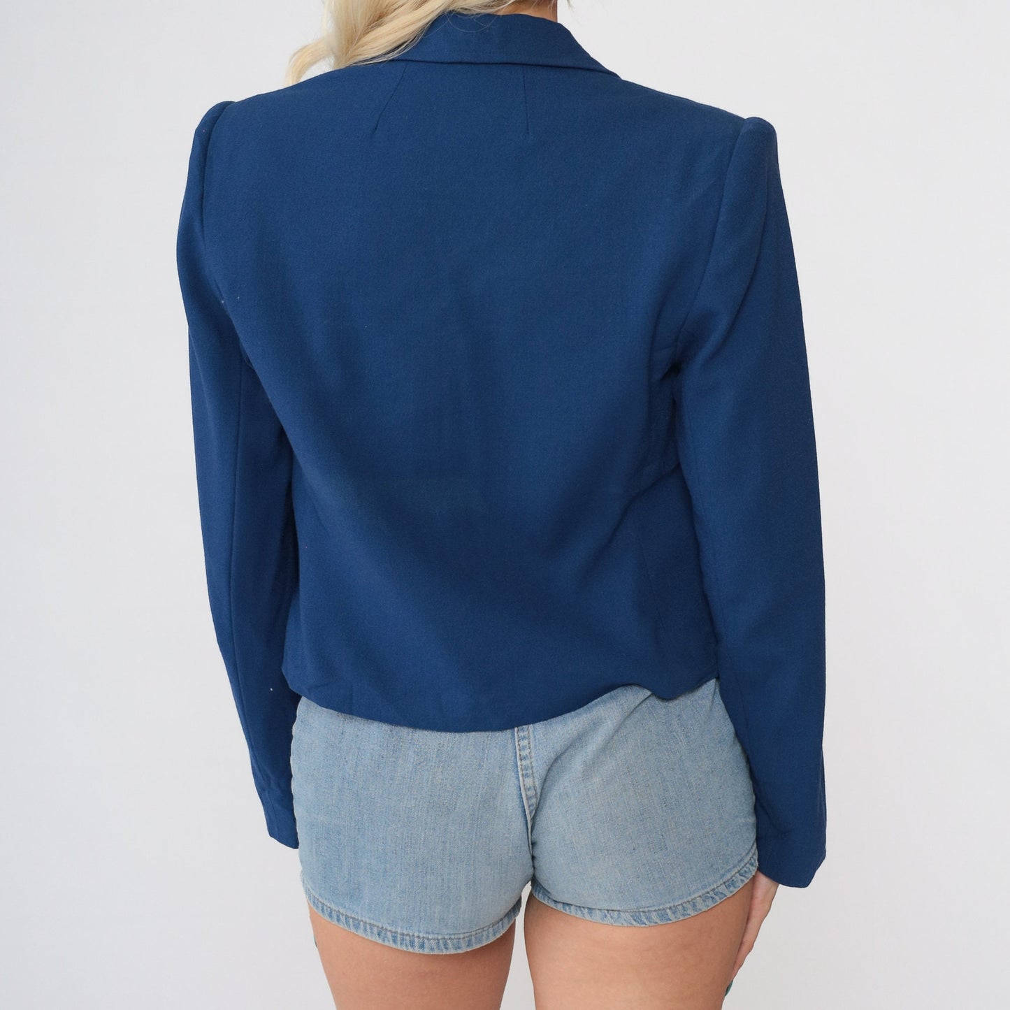 80s Navy Wool Blazer Cropped V-Neck Jacket Small S