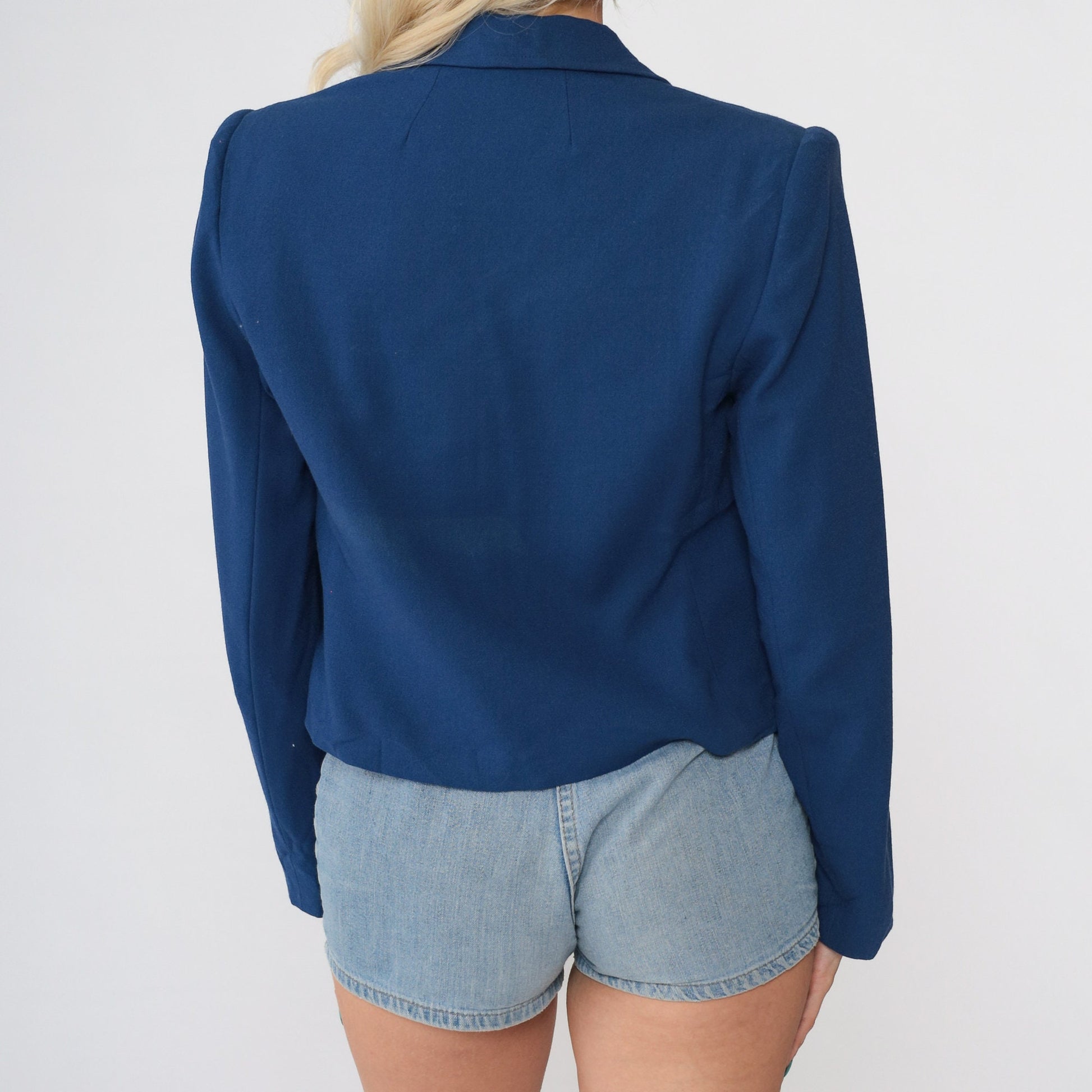 80s Navy Wool Blazer Cropped V-Neck Jacket Small S