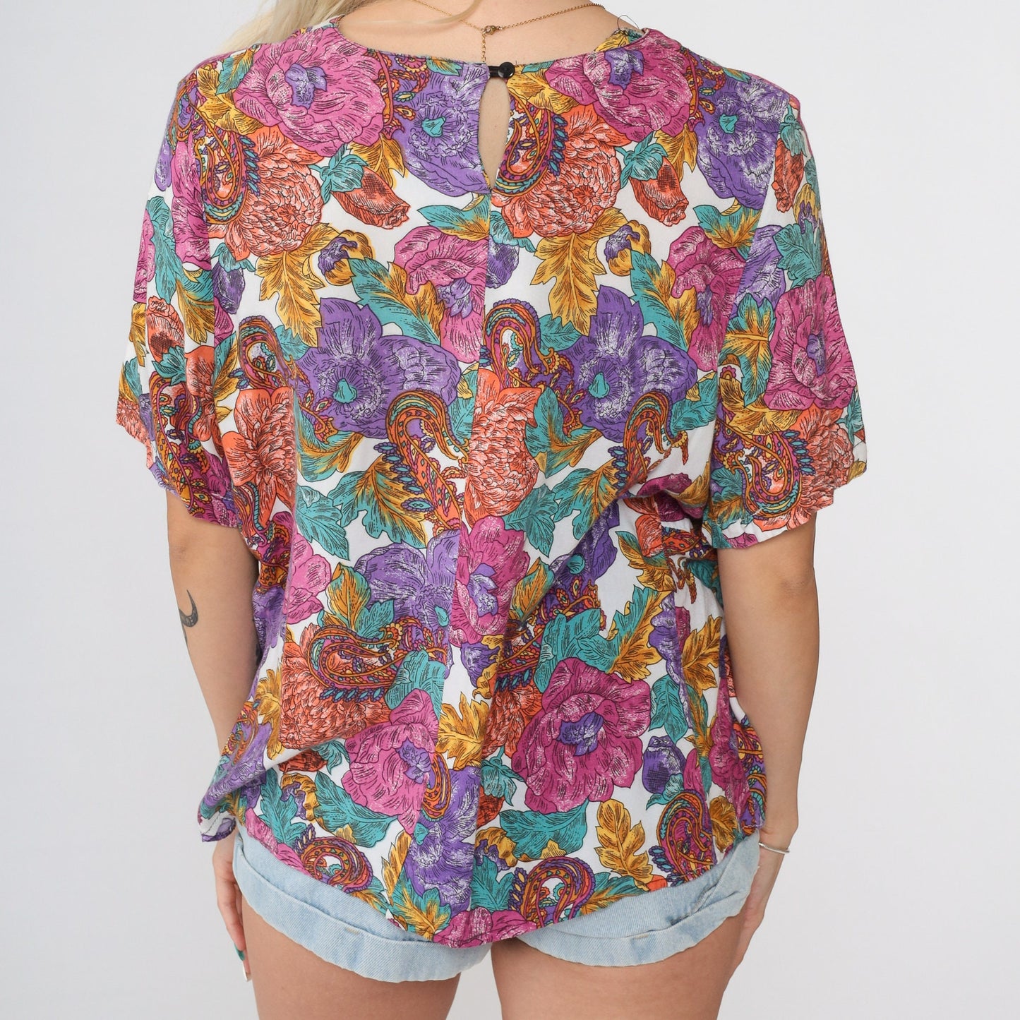 90s Paisley Floral Rayon Blouse Short Sleeve Pink Purple White Small