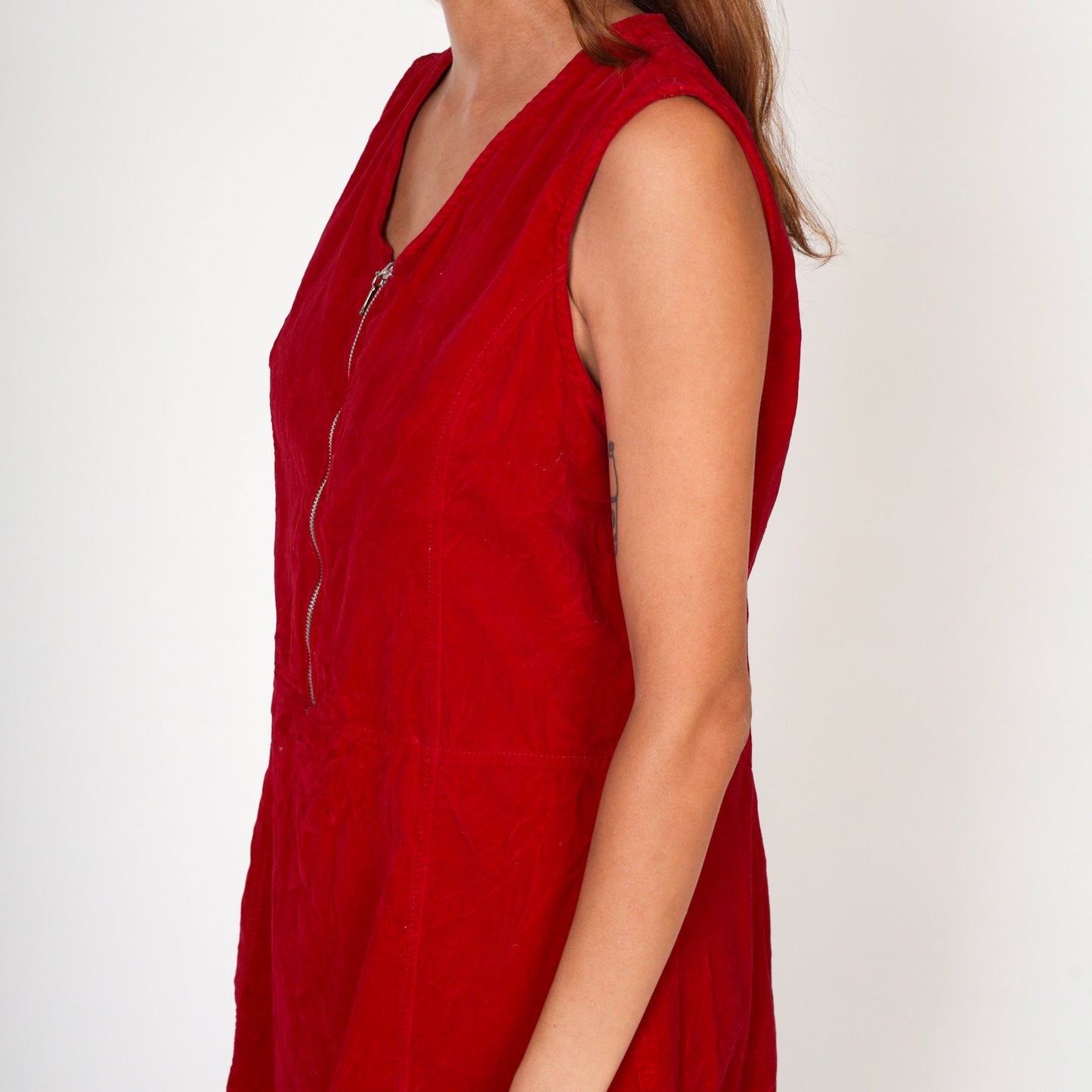 00s Faded Glory Velvet Jumper Dress Red Mini Shift Zip Front Large L