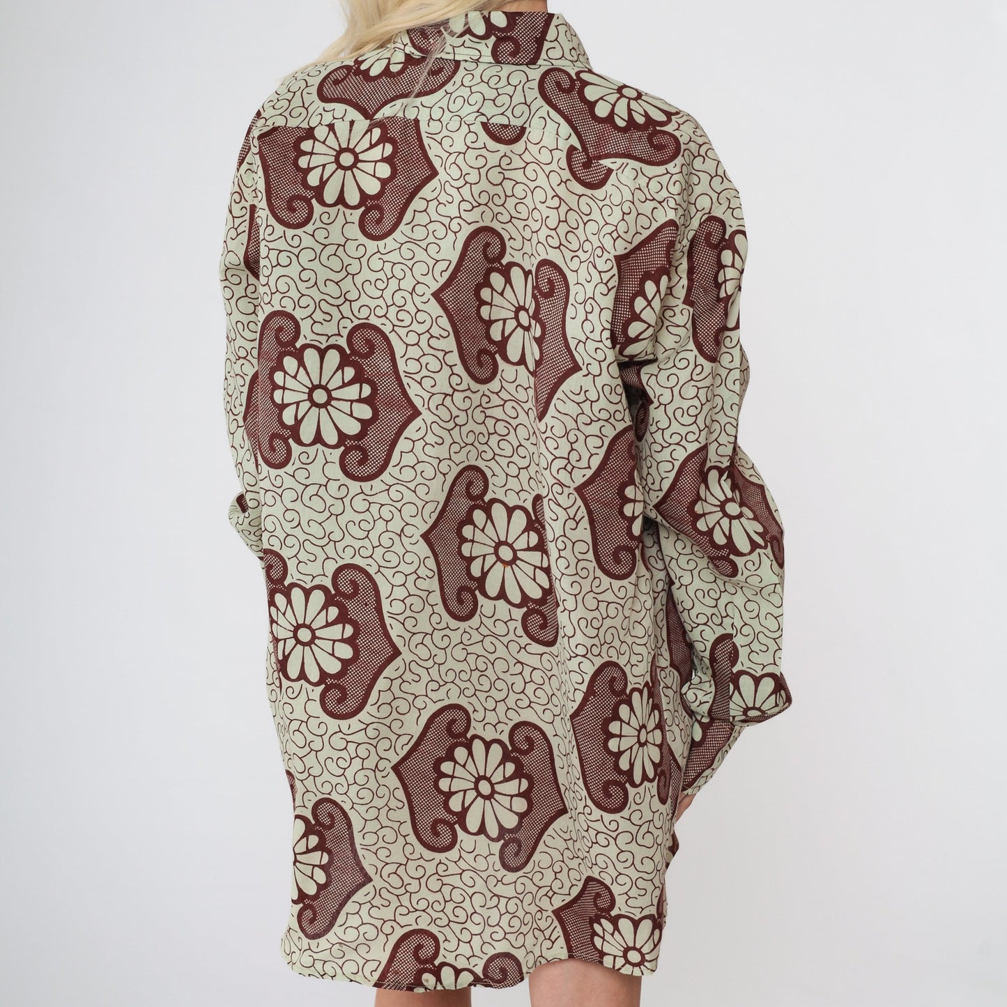 90s Batik Floral Button Up Shirt Dark Red Light Green Long Sleeve Extra Large