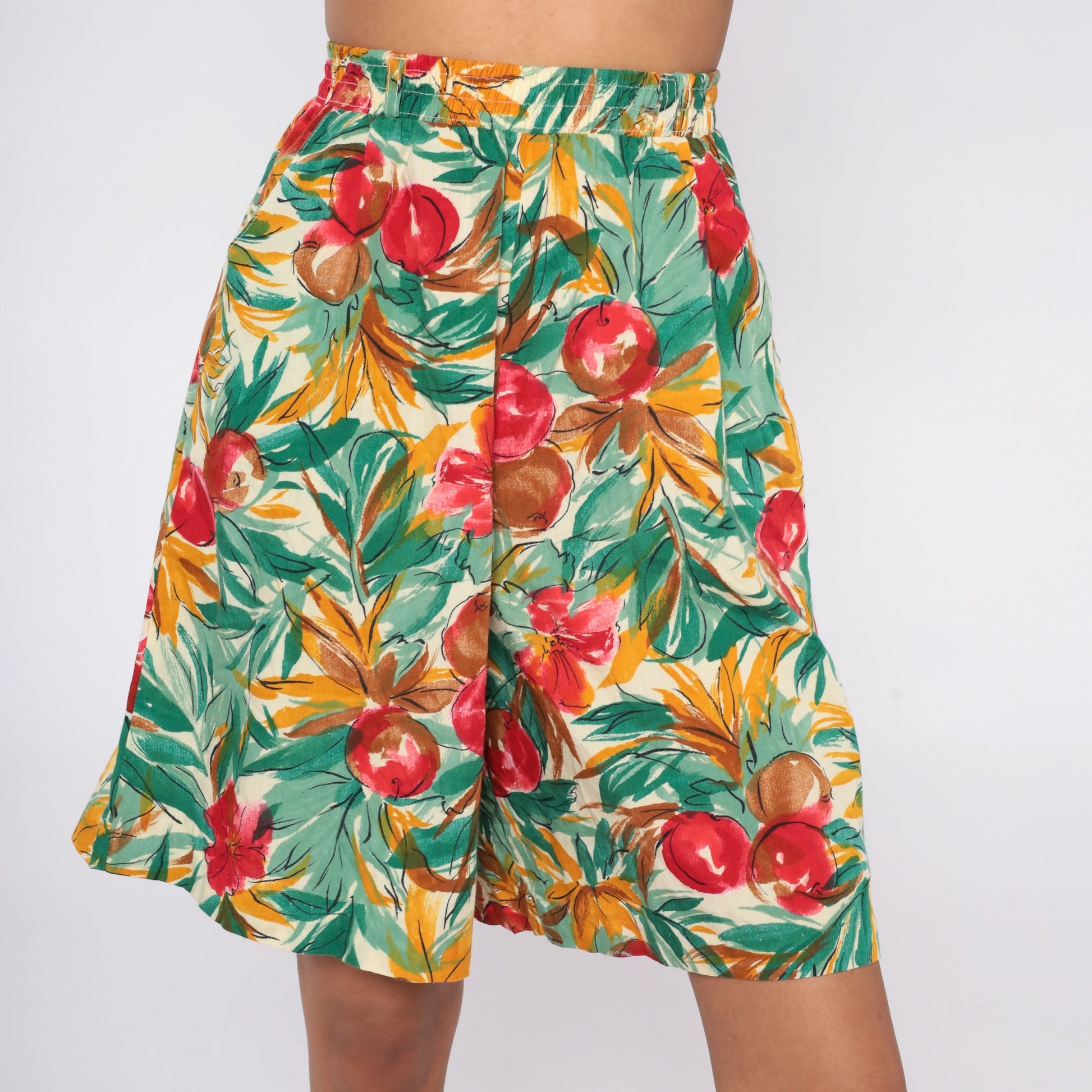 90s Fruit Floral Print Pleated Shorts High Waist Wide Leg Small S