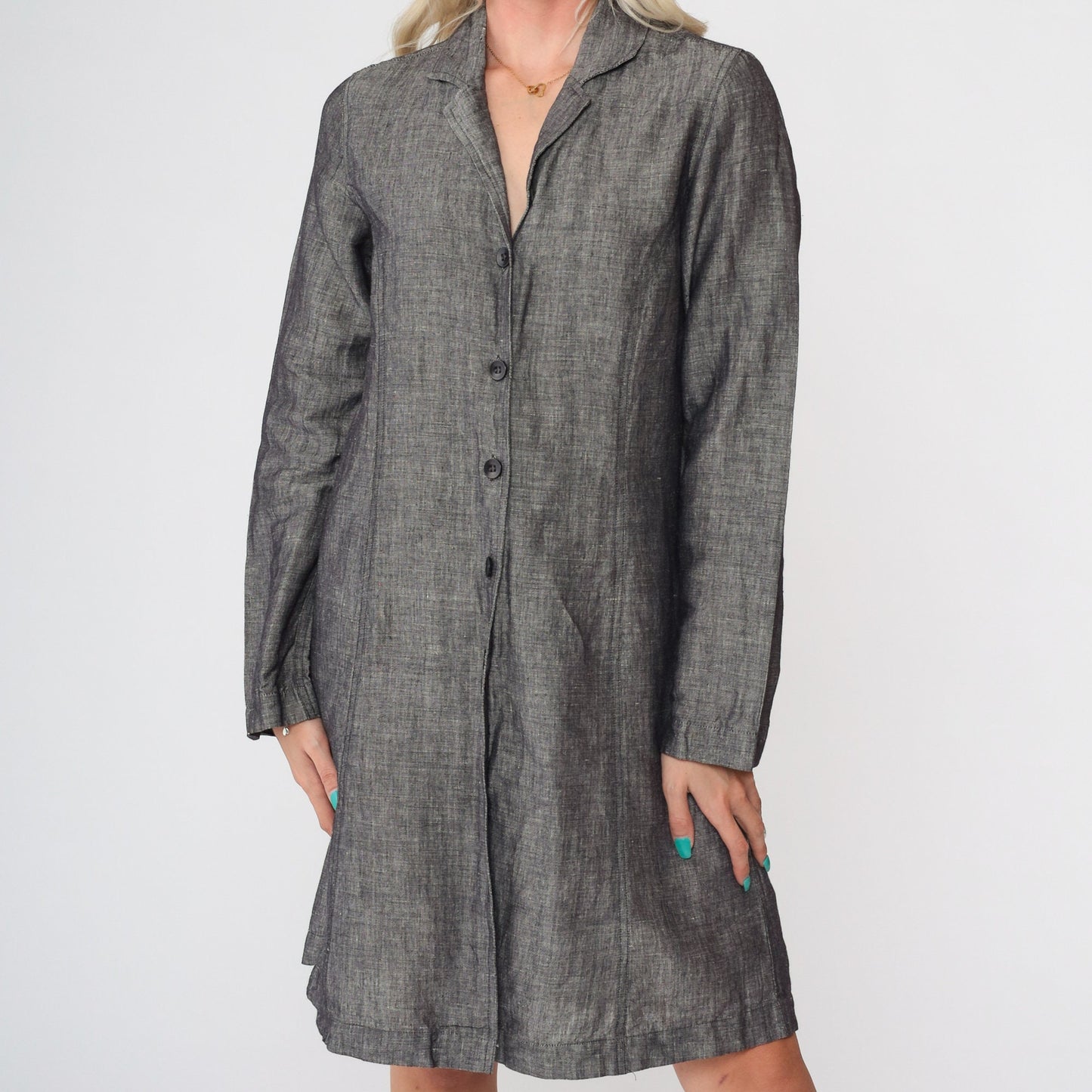 80s Grey Flecked Shirtdress Mini Collared Button-Up Cotton Linen Small
