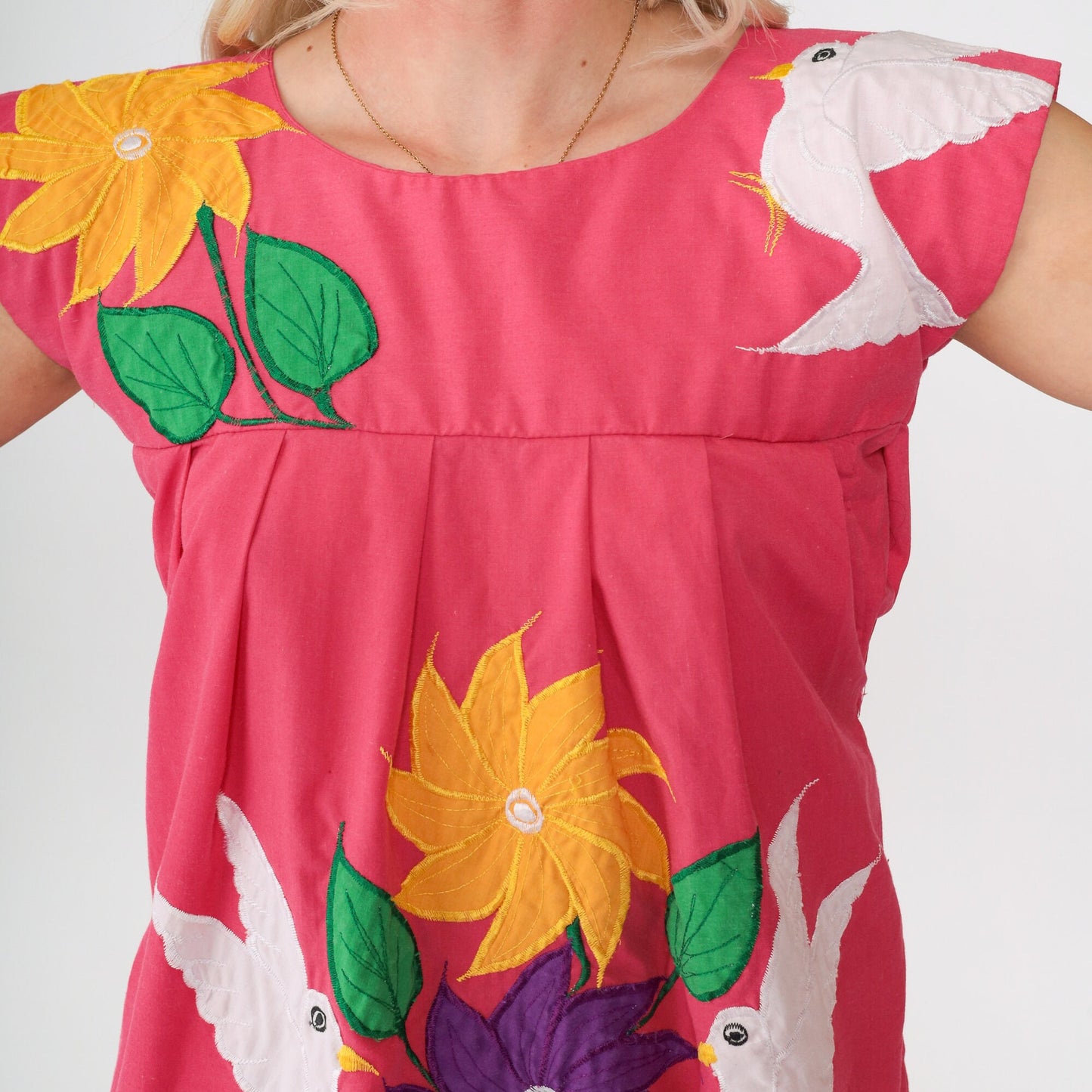 80s Mexican Embroidered Mini Dress Pink Floral Bird Cap Sleeve Cotton XXS