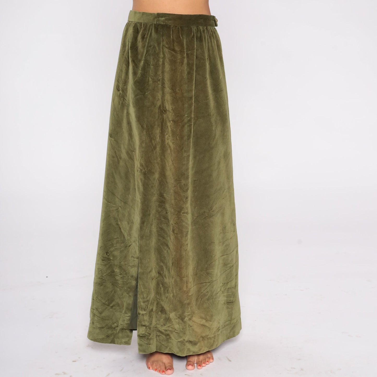 80s Green Velvet Maxi Skirt High Waist Front Slit Small