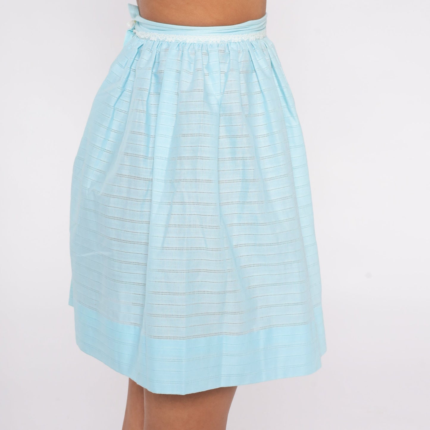 60s Blue Mini Skirt High Waist Cutout Semi-Sheer Cotton XXS
