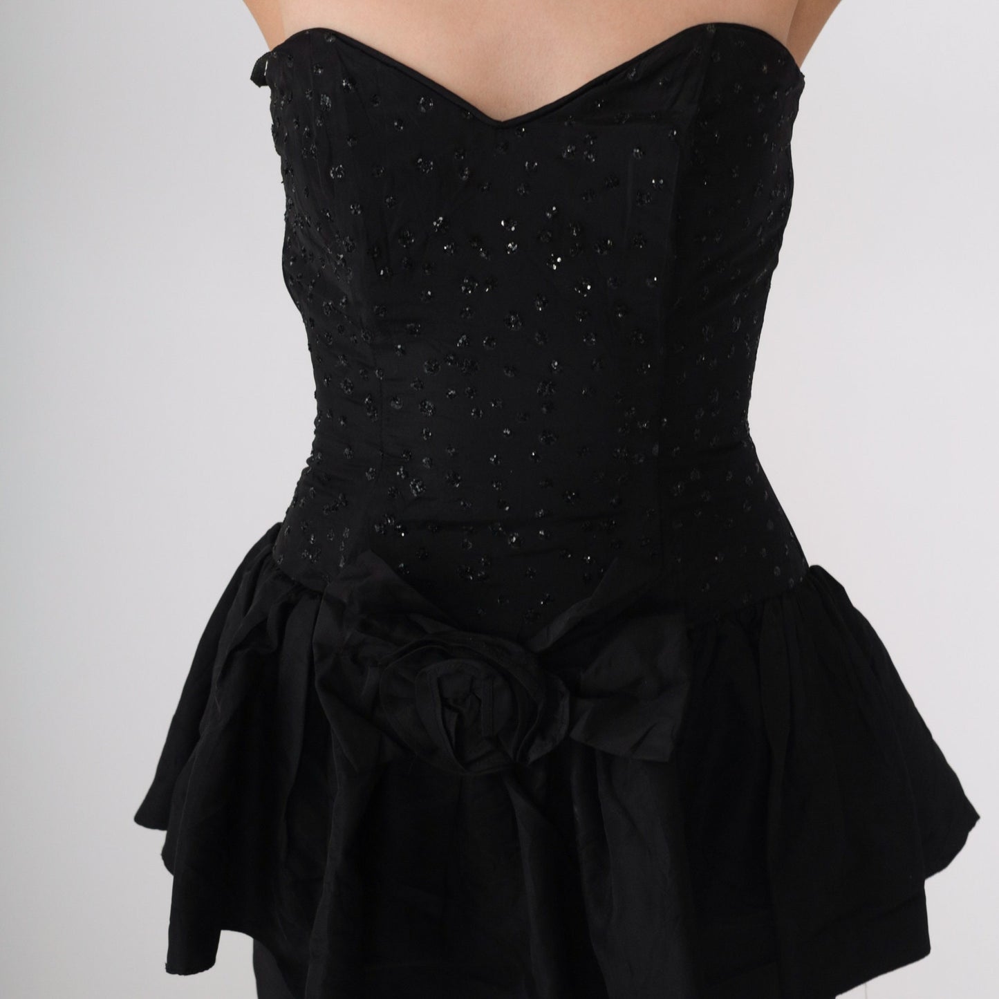 80s Gunne Sax Black Glitter Strapless Maxi Dress Sweetheart Neckline XXS