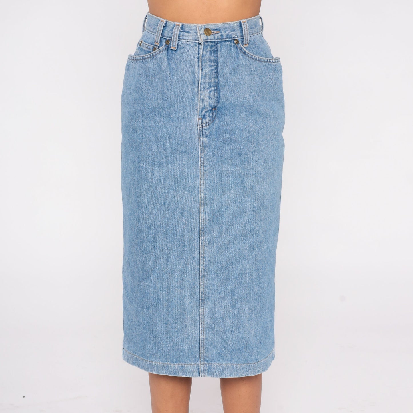 90s Blue Denim Midi Pencil Skirt High Waist Rear Slit Extra Small XS