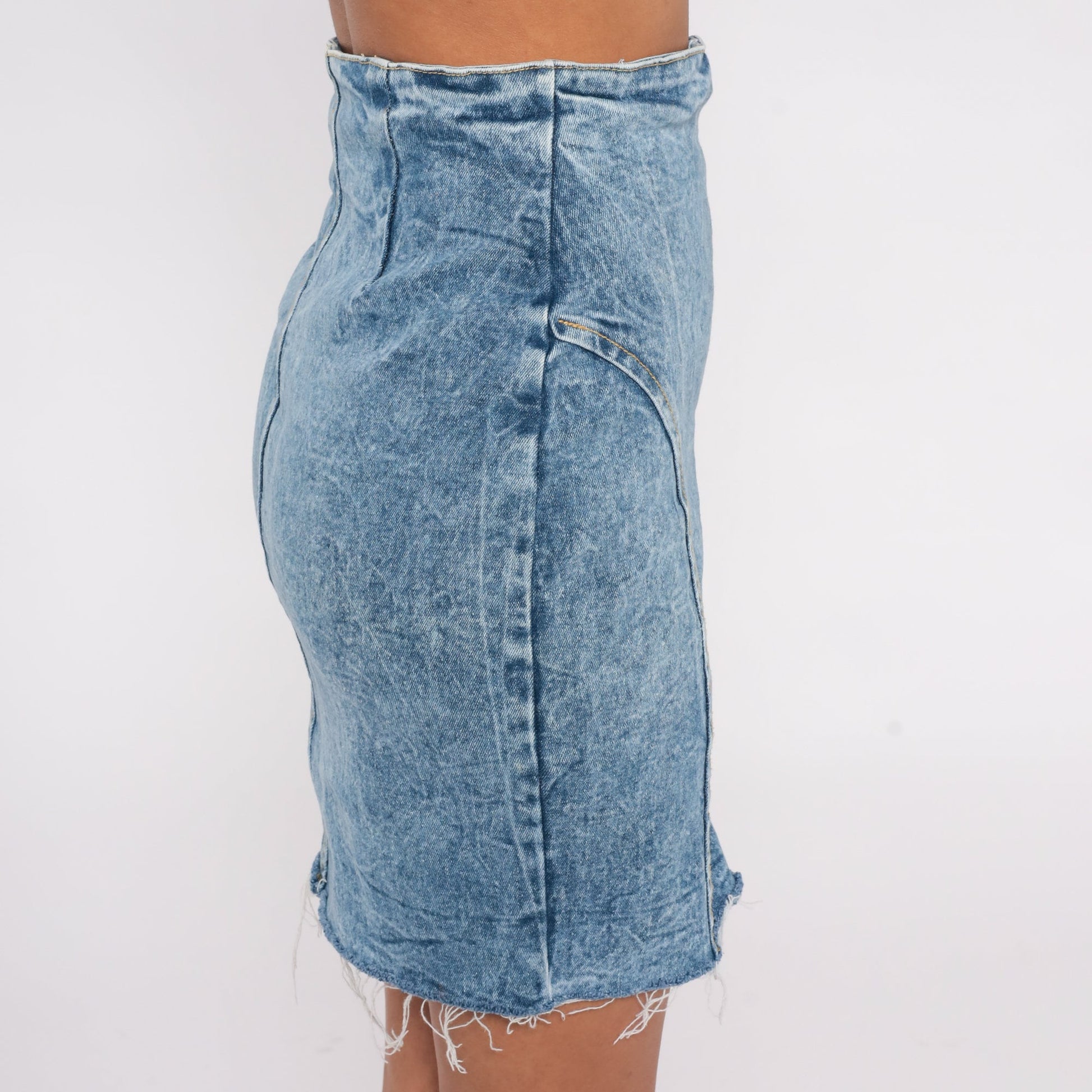90s Pleeze Acid Wash Denim Mini Skirt High Waist Snap Front Blue Extra Small