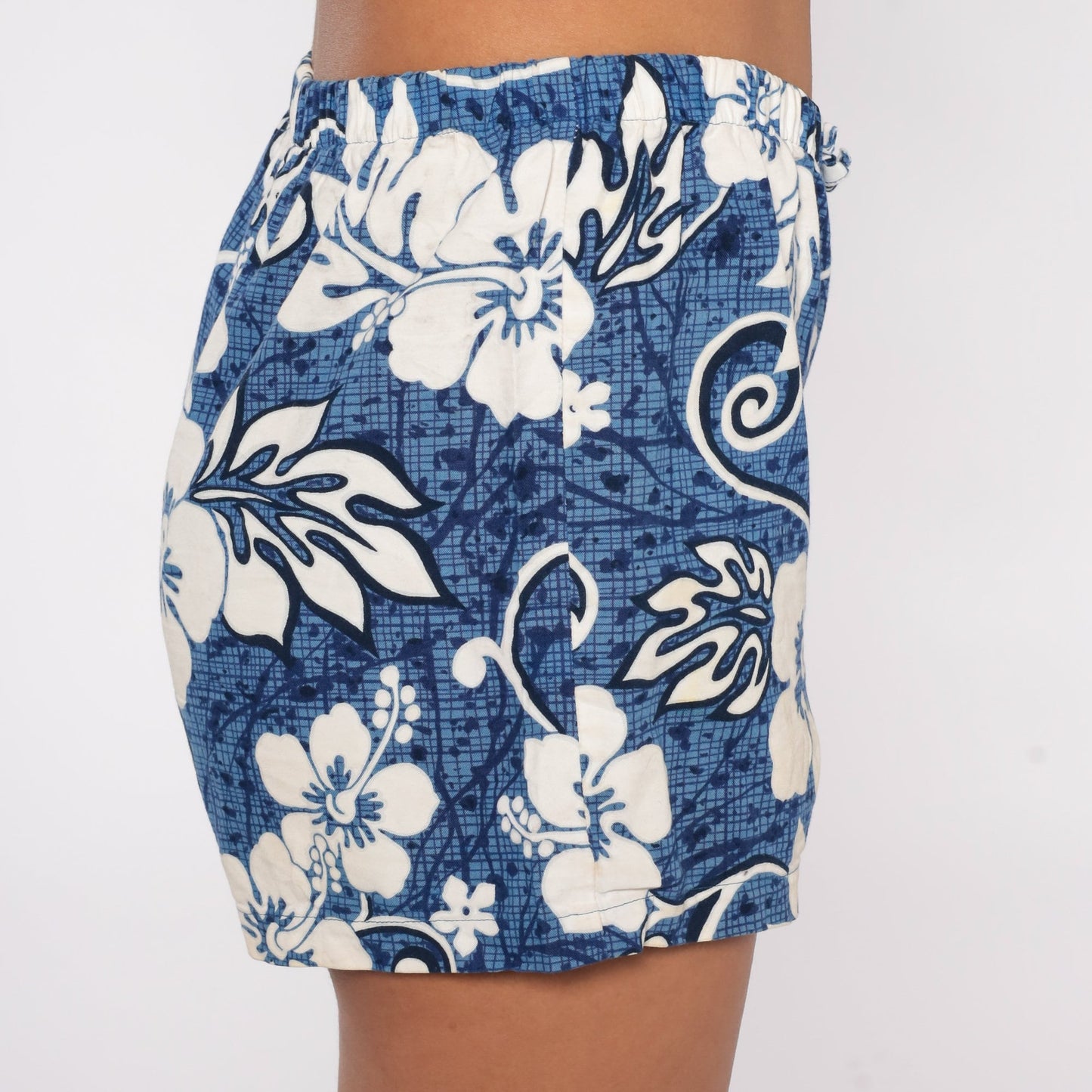 90s Hawaiian Floral Shorts Blue Hibiscus High Waist Cotton Small