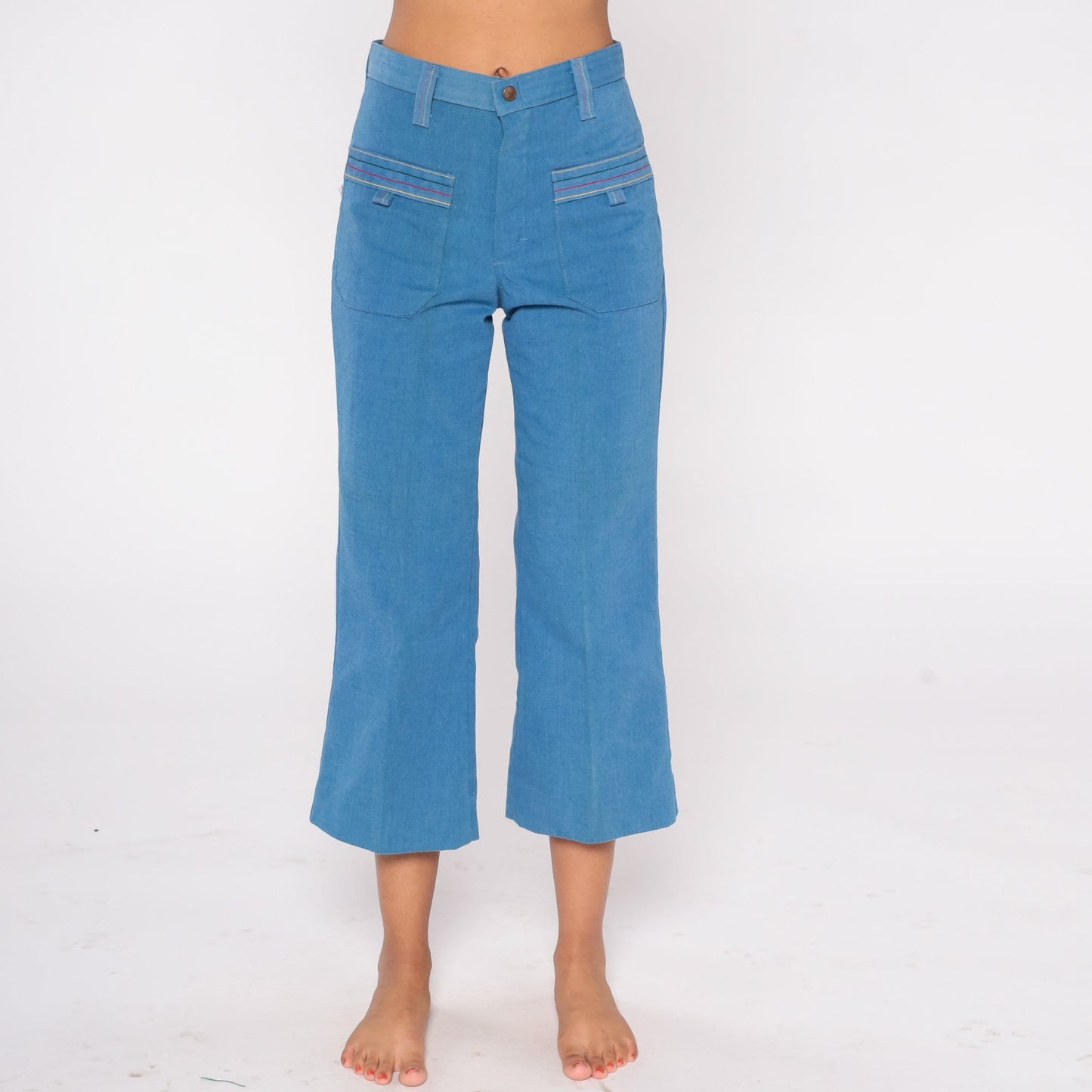 70s High Waisted Bell Bottom Jeans Cropped Flare Denim Blue Extra Small