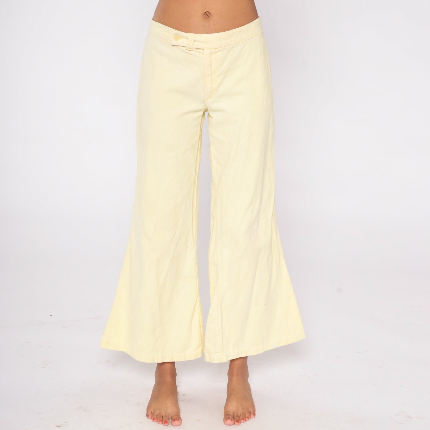 70s Pale Yellow Bell Bottom Flare Pants Low Rise Cotton Extra Small