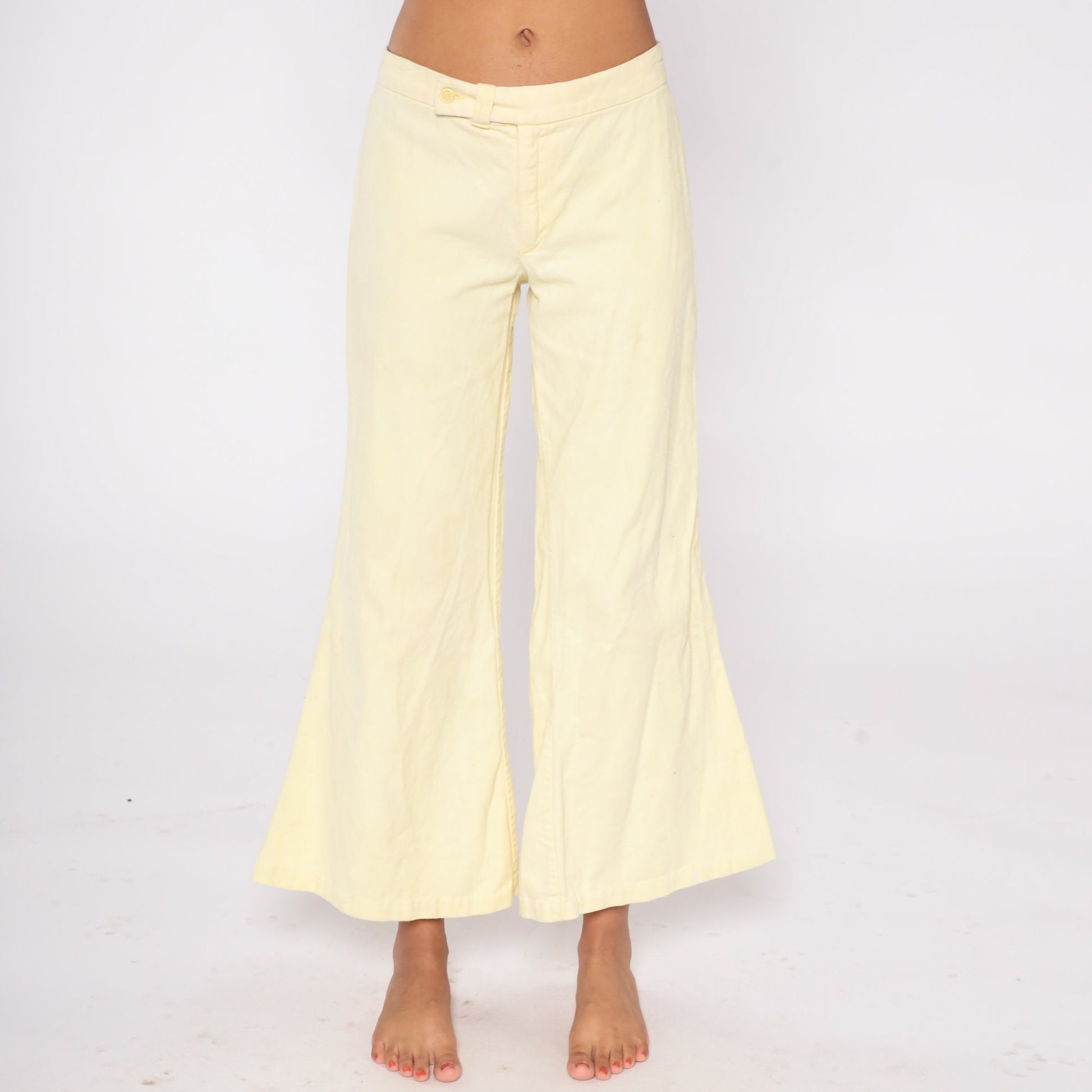 70s Pale Yellow Bell Bottom Flare Pants Low Rise Cotton Extra Small