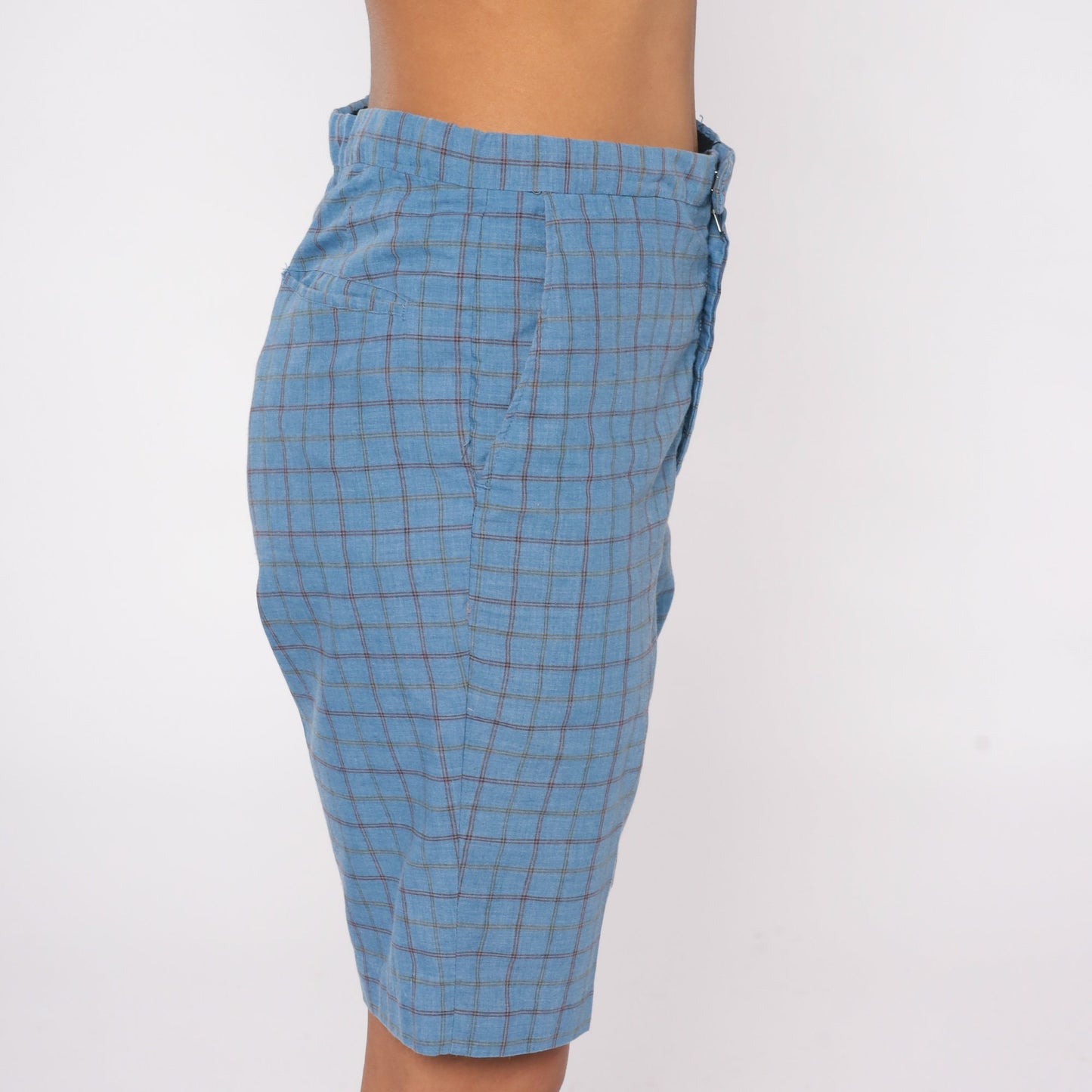 70s Blue Checkered Bermuda Shorts Knee Length Mid Rise Small