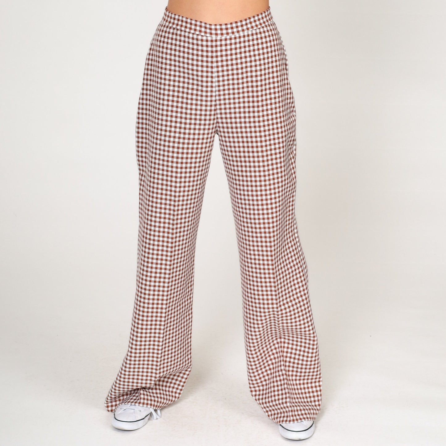 70s Gingham Bell Bottom Pants Brown White High Rise Flared Trousers Small