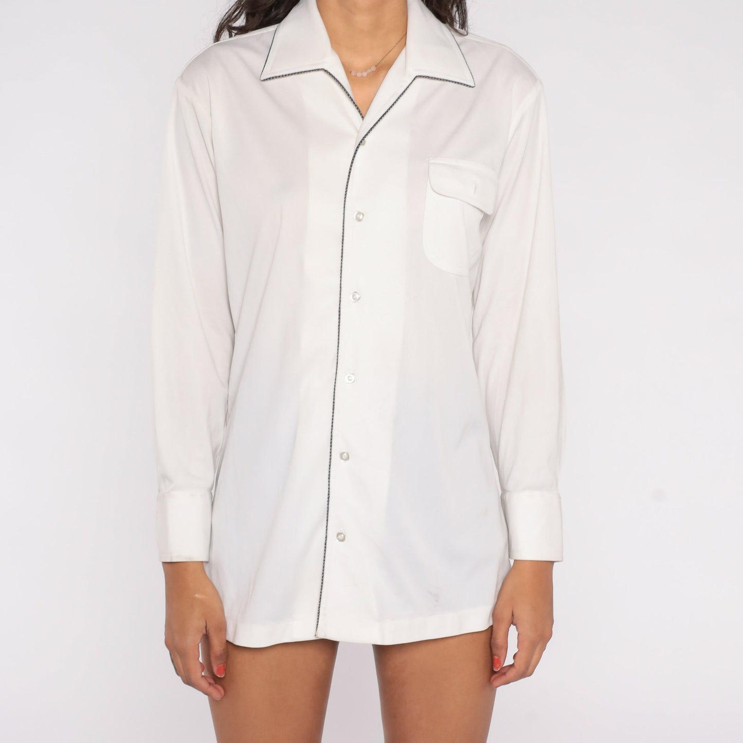 70s Da Vinci White Button Up Shirt Black Trim Chest Pocket Medium