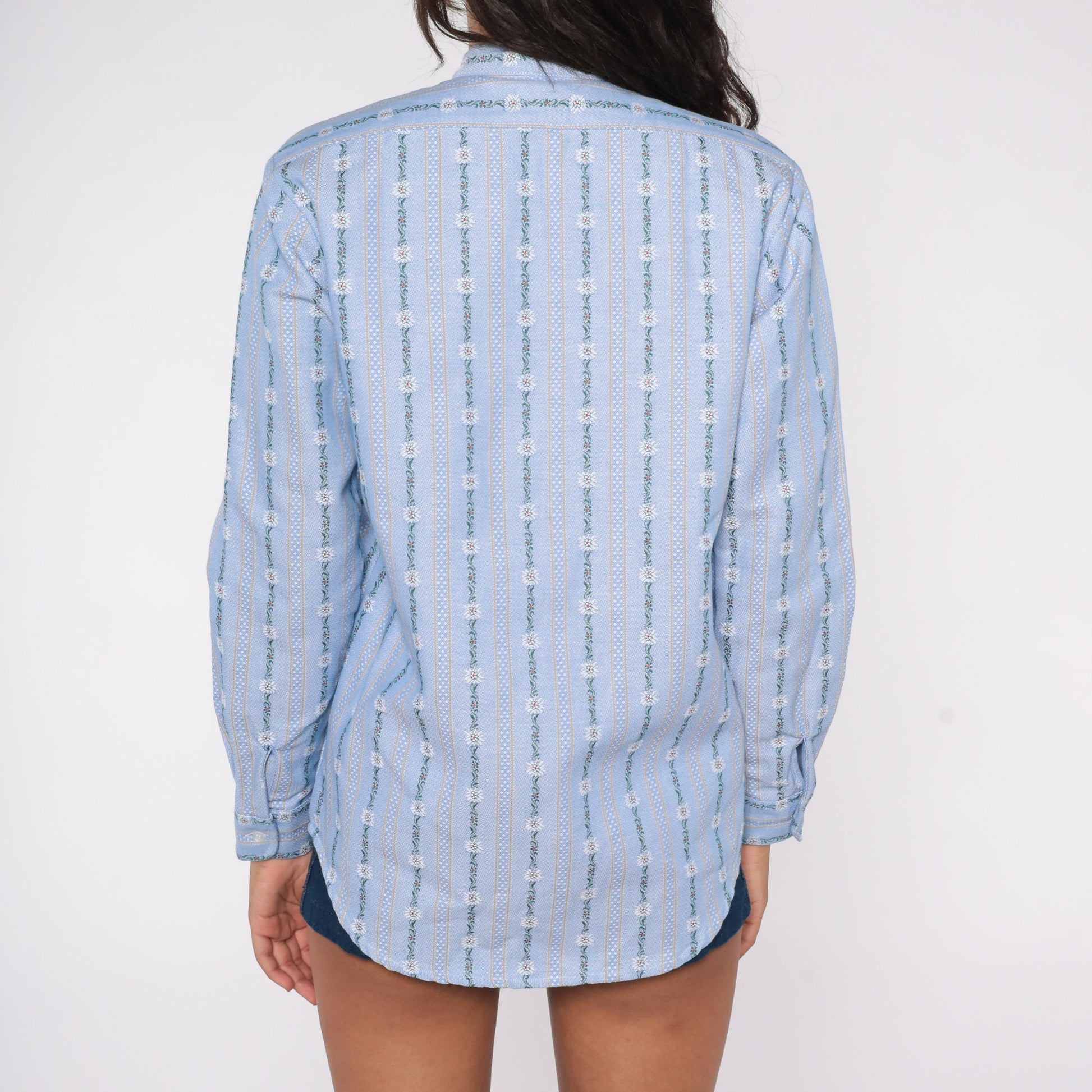 70s Blue Striped Floral Ribbon Print Button-Up Shirt Banded Collar Medium