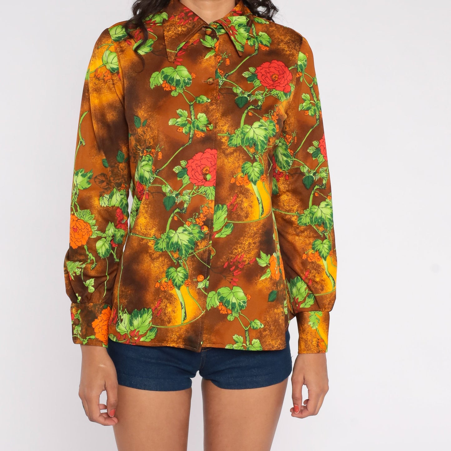 70s Floral Disco Shirt Brown Yellow Cloud Dye Button Up Pointed Collar Medium