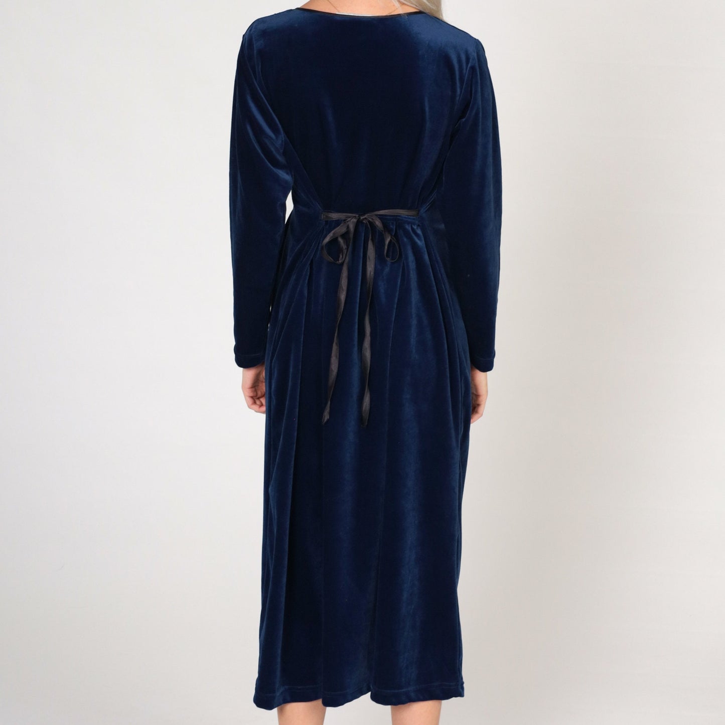 90s Blue Velvet Midi Dress Long Sleeve Button Front Shift Petite Medium