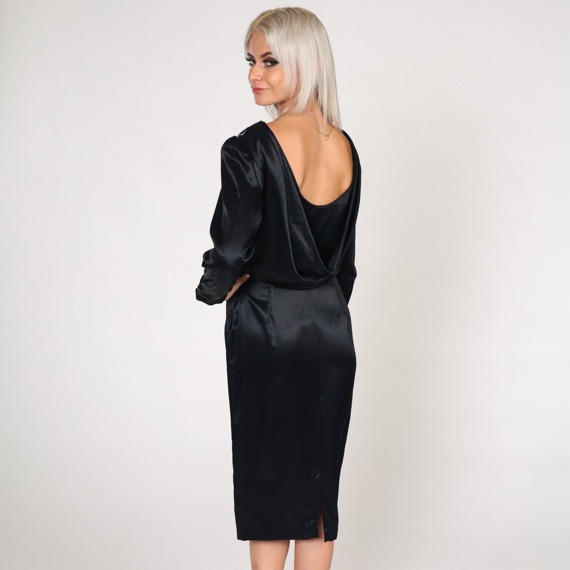 80s Black Satin Midi Dress Rhinestone Neckline Puff Sleeve High Waist Small