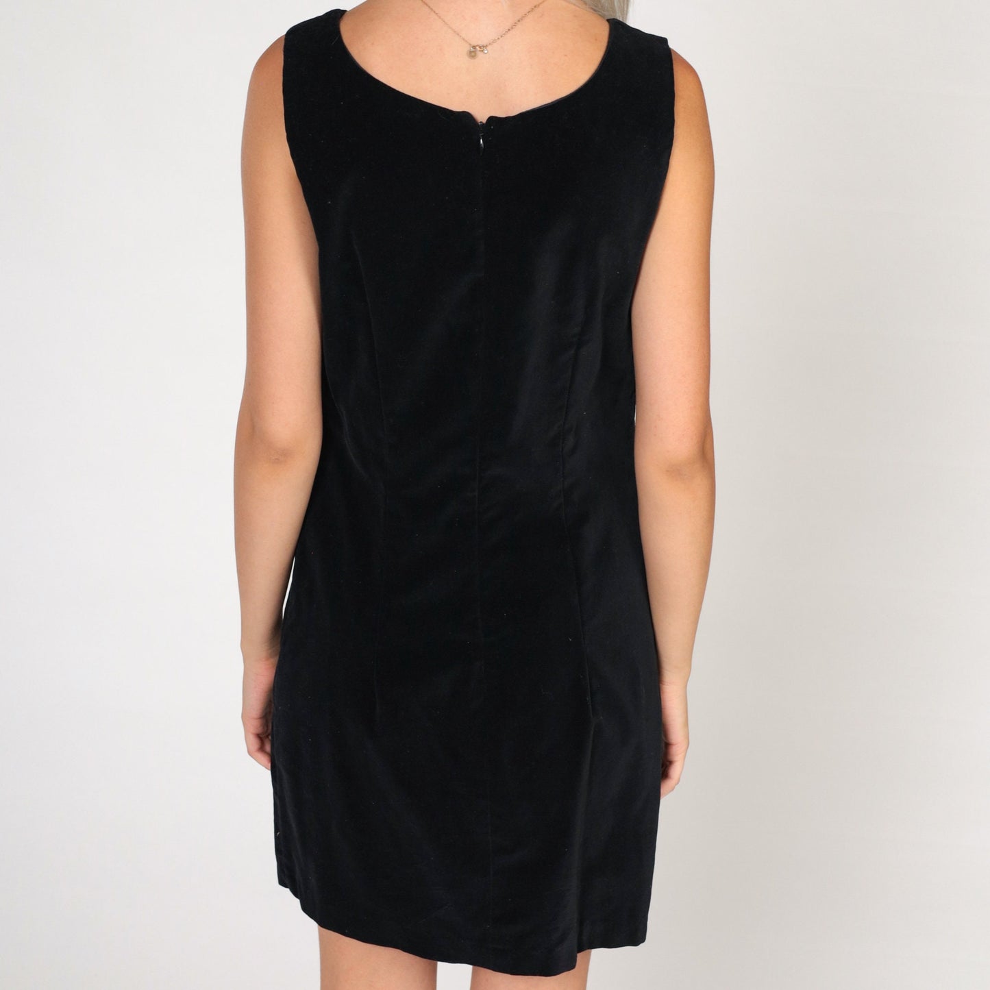 90s Black Velvet Mini Dress Scoop Neck Sleeveless Sheath Medium