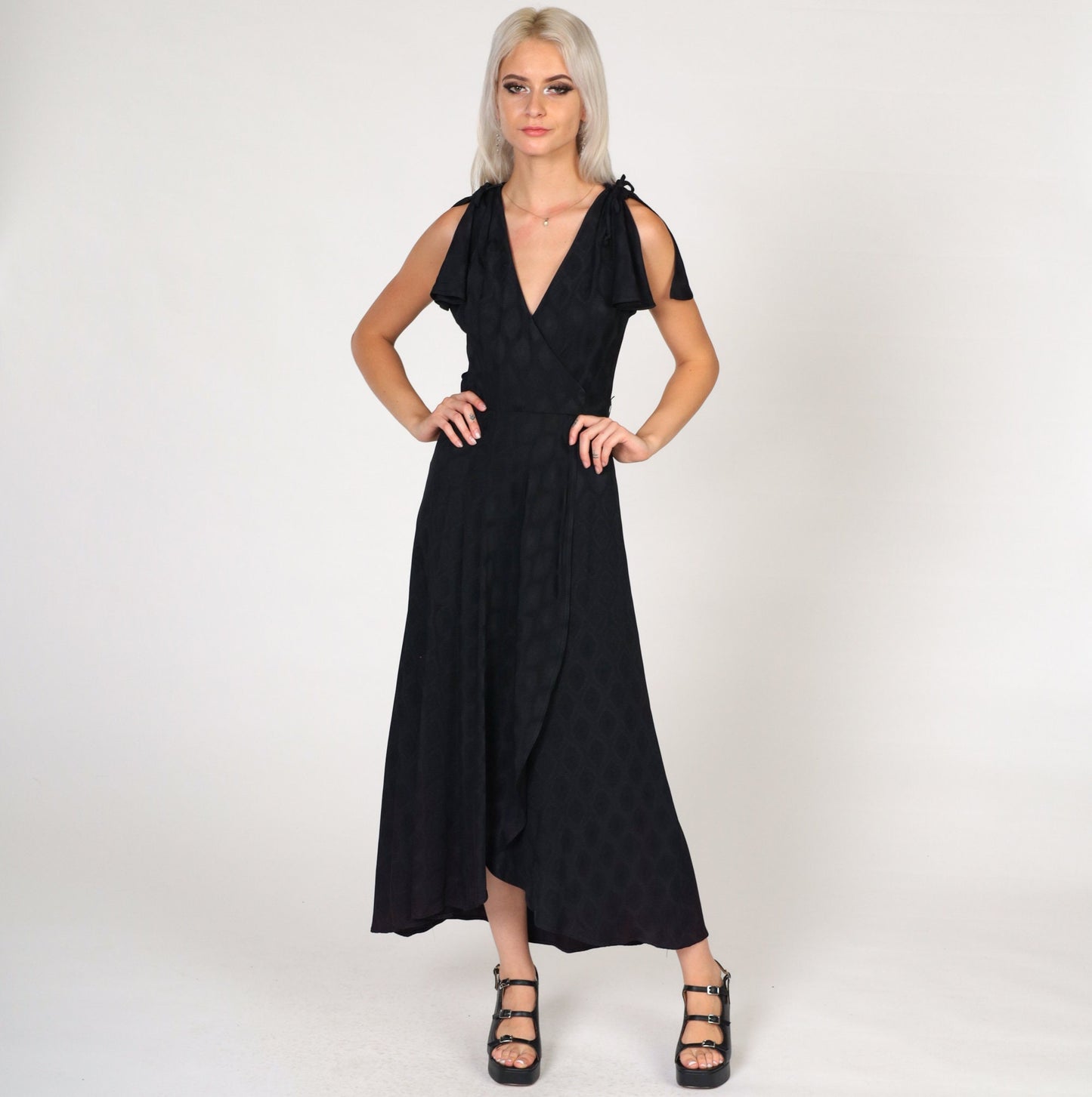 70s Black Grecian Maxi Dress Flutter Sleeve Wrap Deep V Embossed Geometric Extra Small