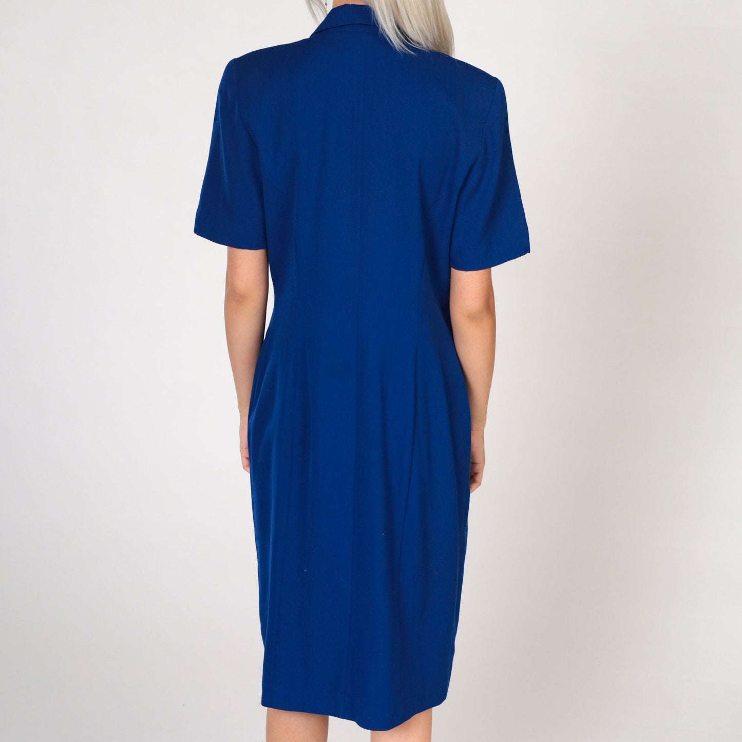 80s Royal Blue Double Breasted Button Up Midi Dress Gold Trim Medium 10