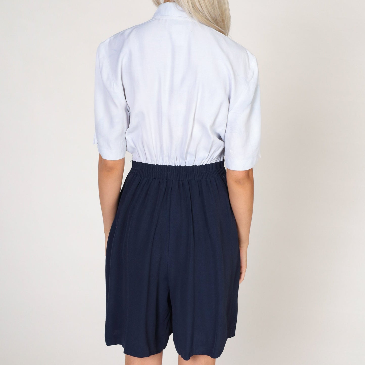 80s Navy White Collared Romper High Waist Button Front Pockets Small
