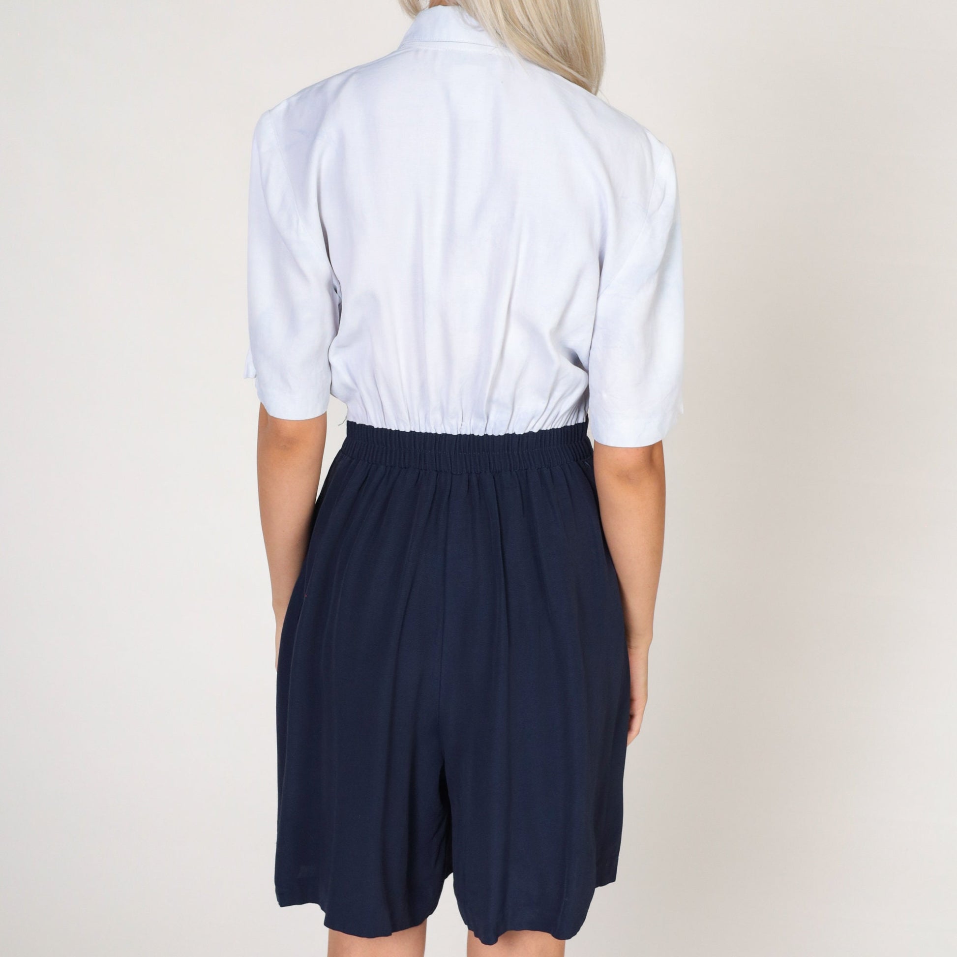 80s Navy White Collared Romper High Waist Button Front Pockets Small