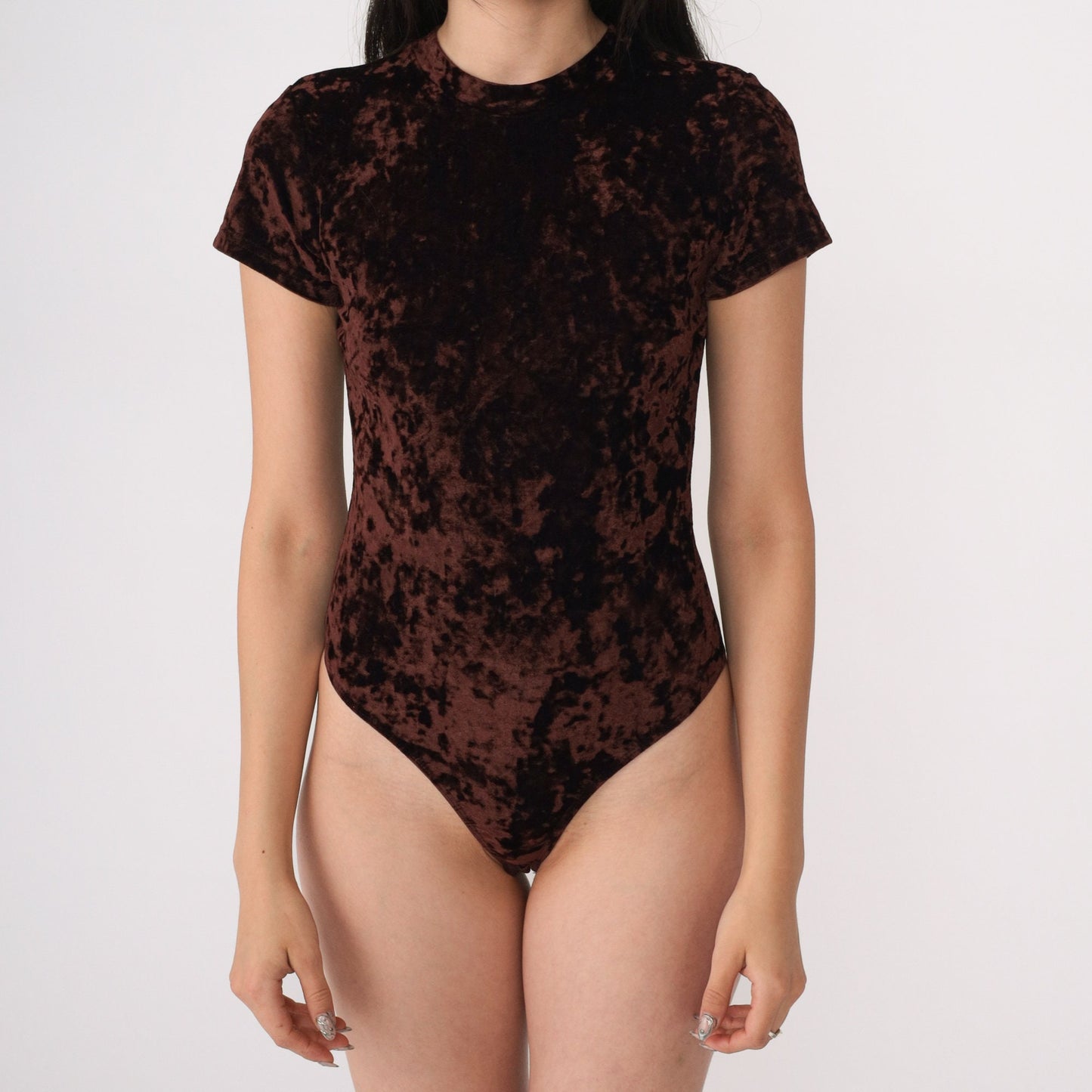 90s Brown Velvet Bodysuit Mock Neck Thong Leotard Short Sleeve Extra Small
