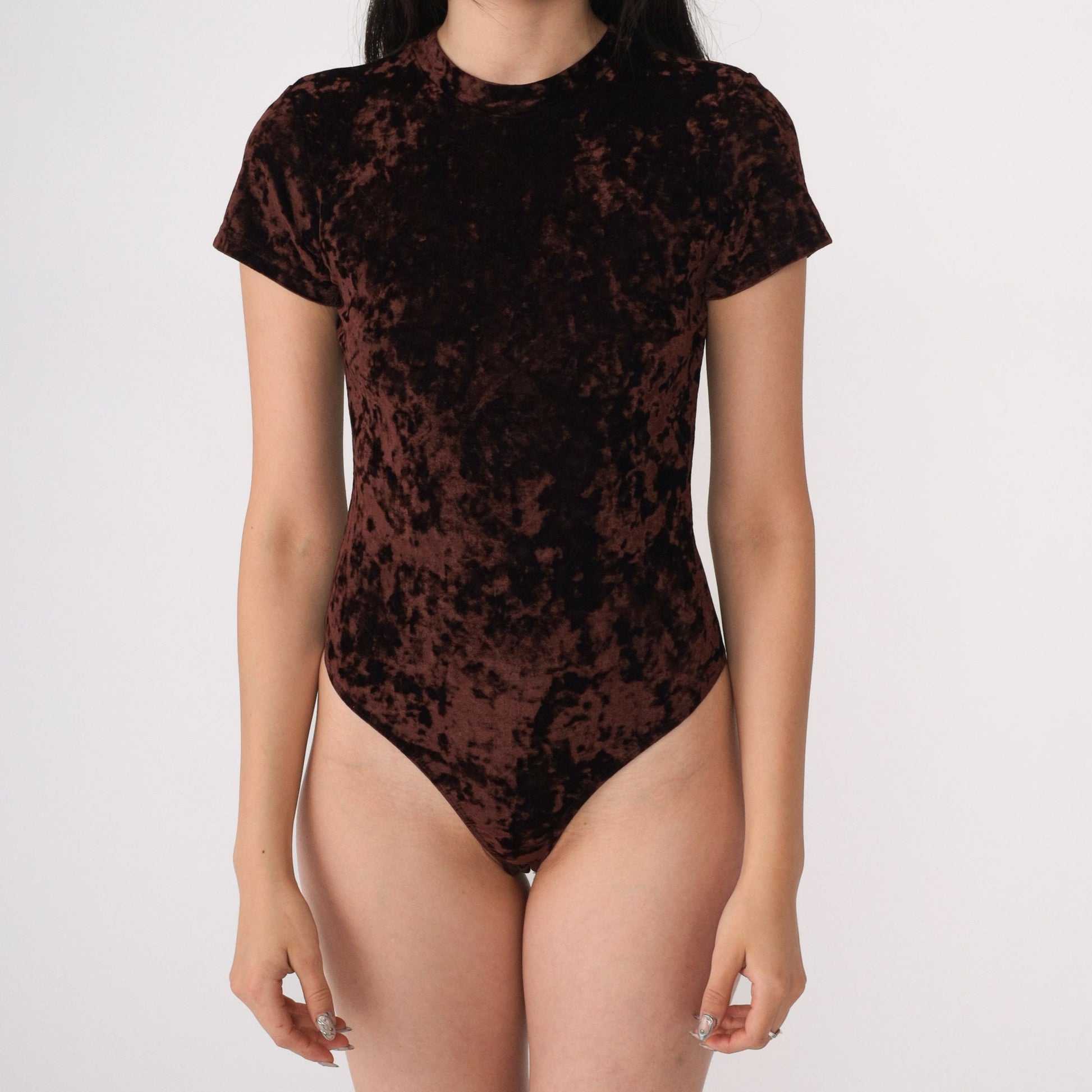 90s Brown Velvet Bodysuit Mock Neck Thong Leotard Short Sleeve Extra Small
